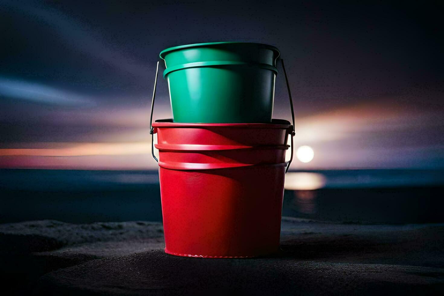 two red and green buckets on the beach at night. AI-Generated photo