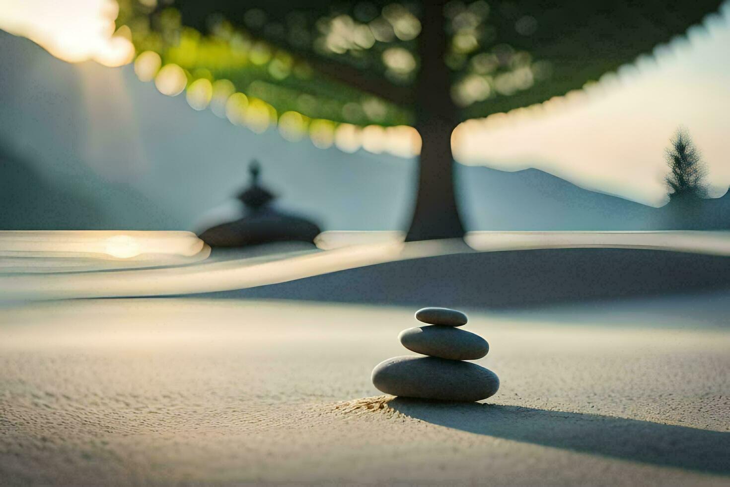 a stone is sitting on the sand near a tree. AI-Generated photo