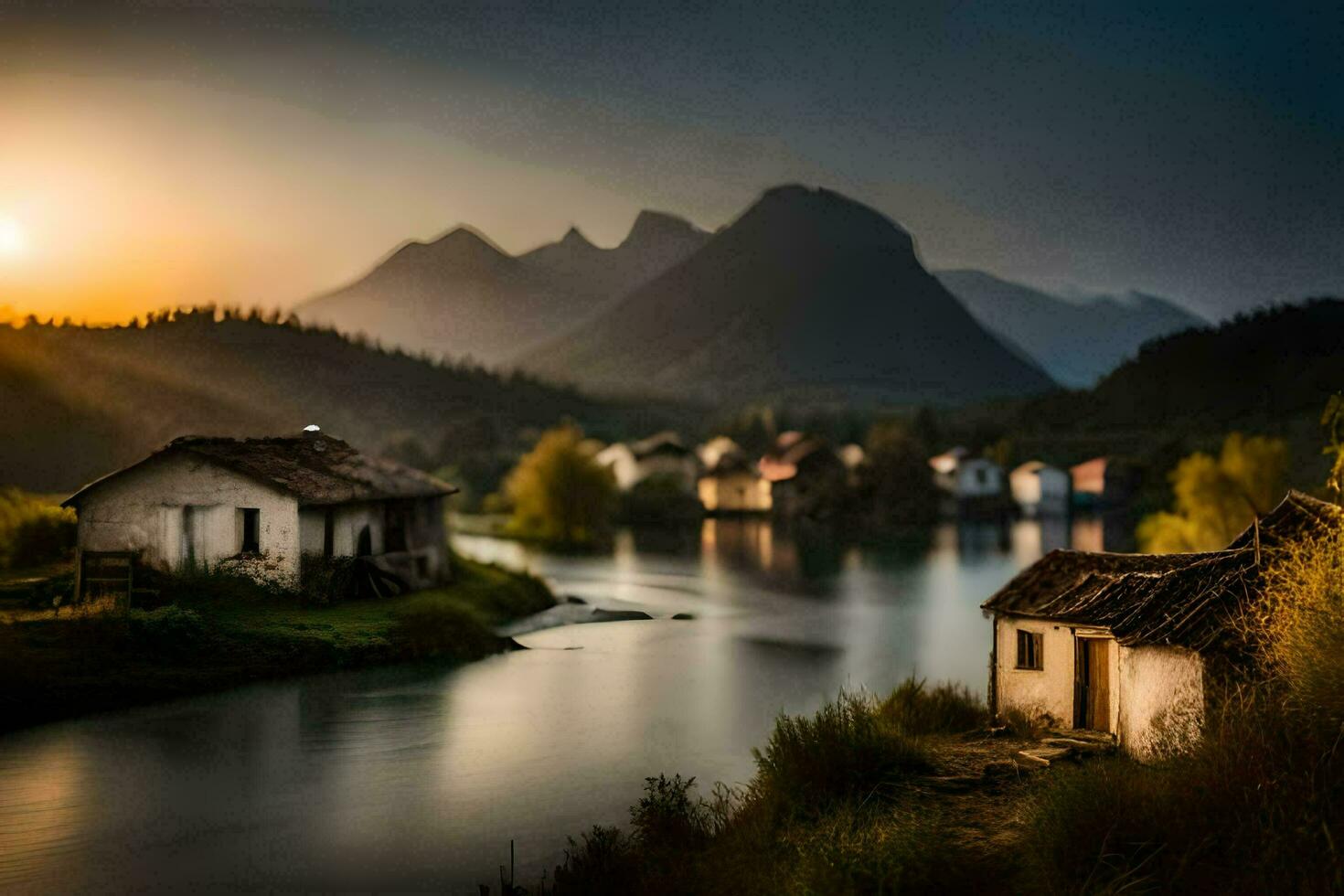 a river runs through a village at sunset. AI-Generated photo
