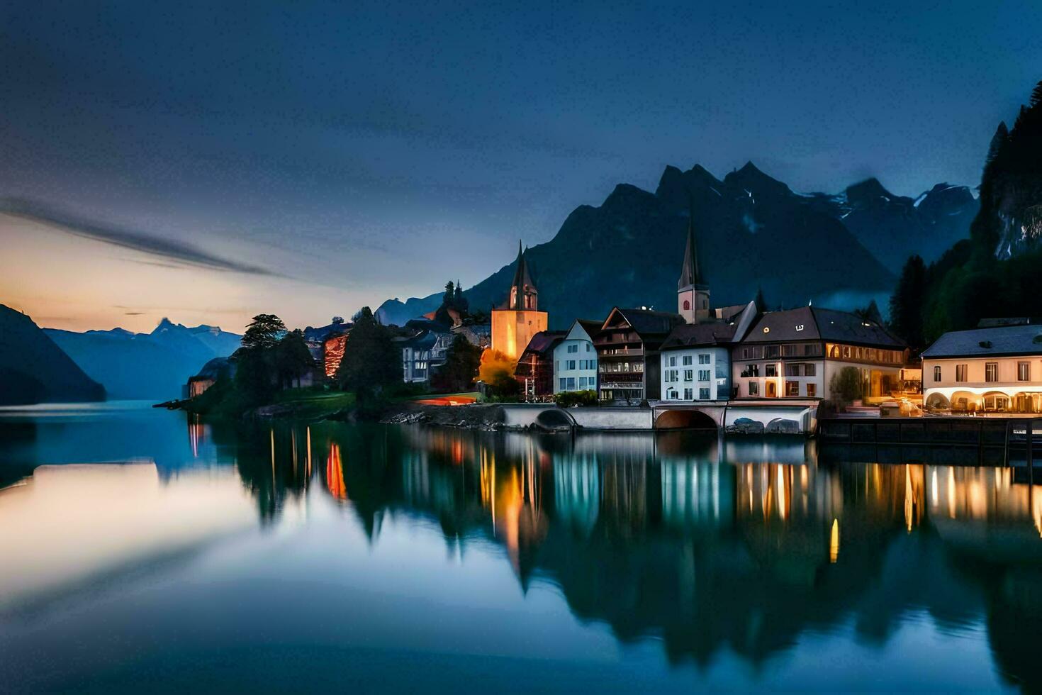 a town sits on the edge of a lake at dusk. AI-Generated photo