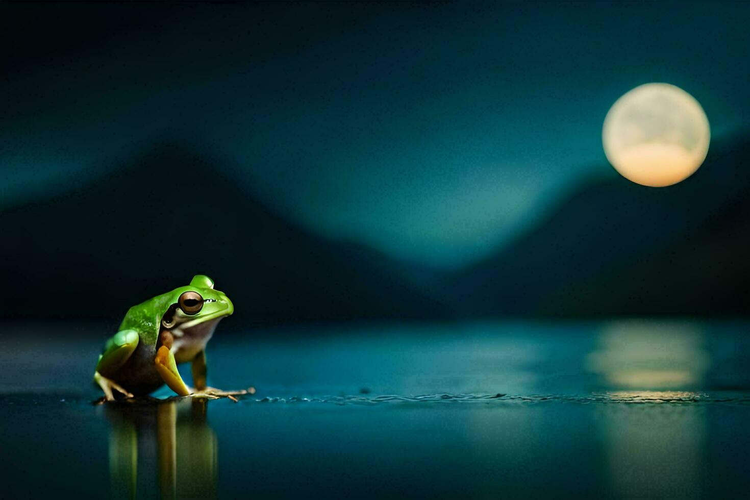 un rana sentado en el agua con un lleno Luna en el antecedentes. generado por ai foto