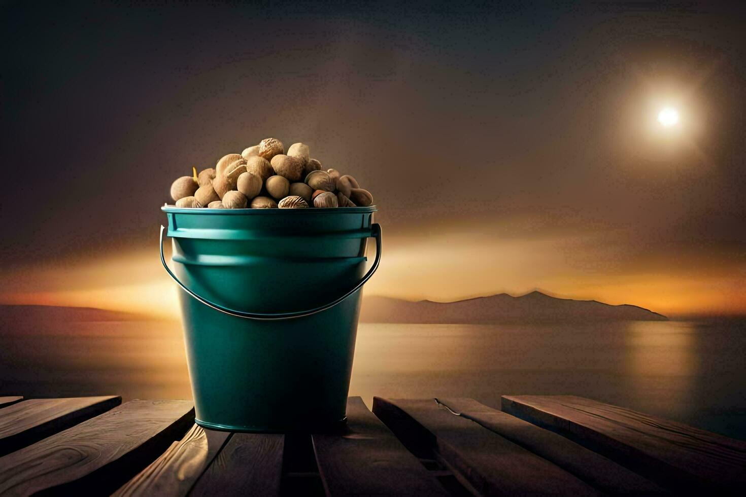 a bucket of peanuts on a wooden table. AI-Generated photo