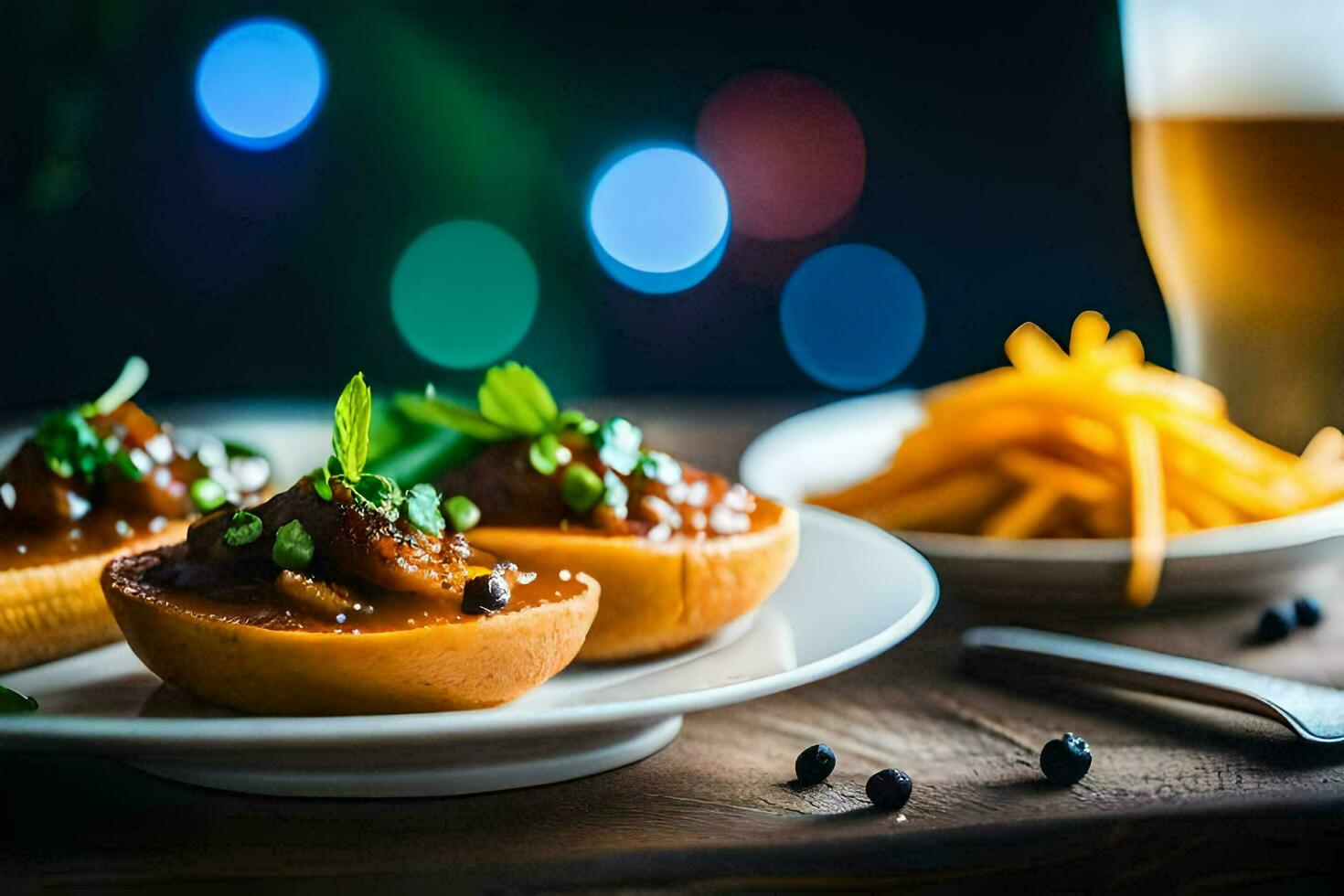 a plate of food with two stuffed peppers and a beer. AI-Generated photo