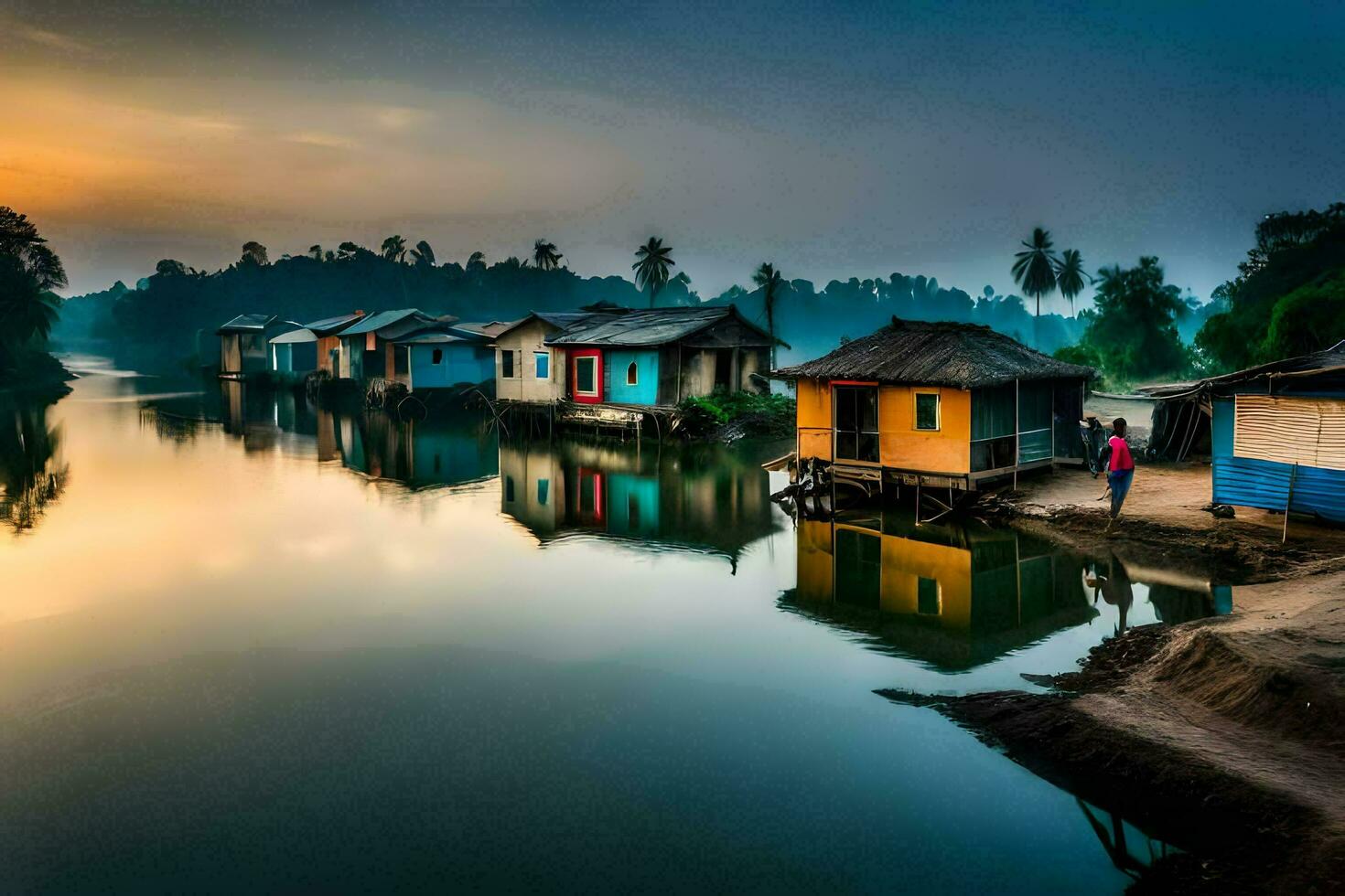 houses on the river at sunset. AI-Generated photo