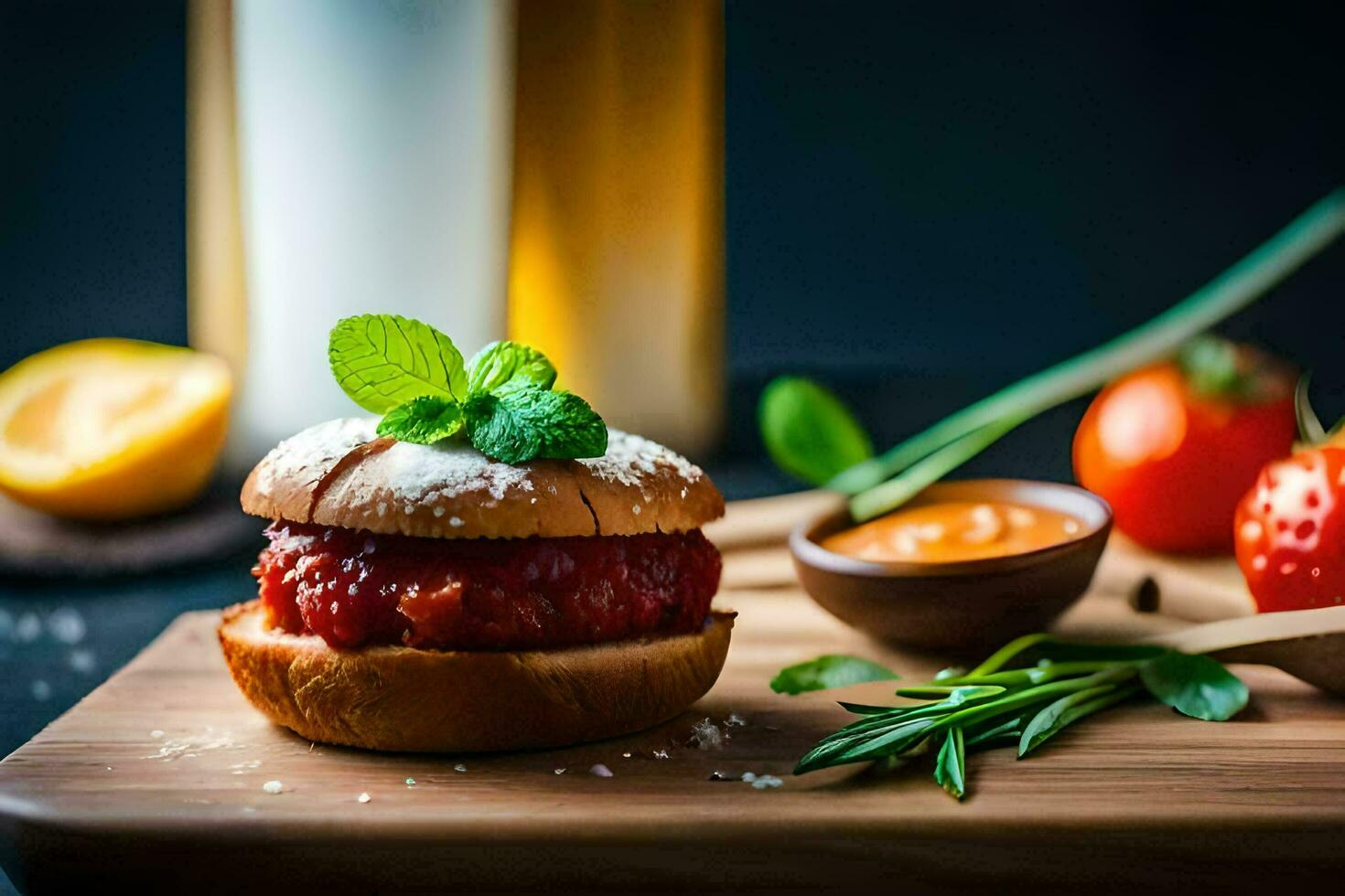 a hamburger with tomato sauce and herbs on a wooden cutting board. AI-Generated photo