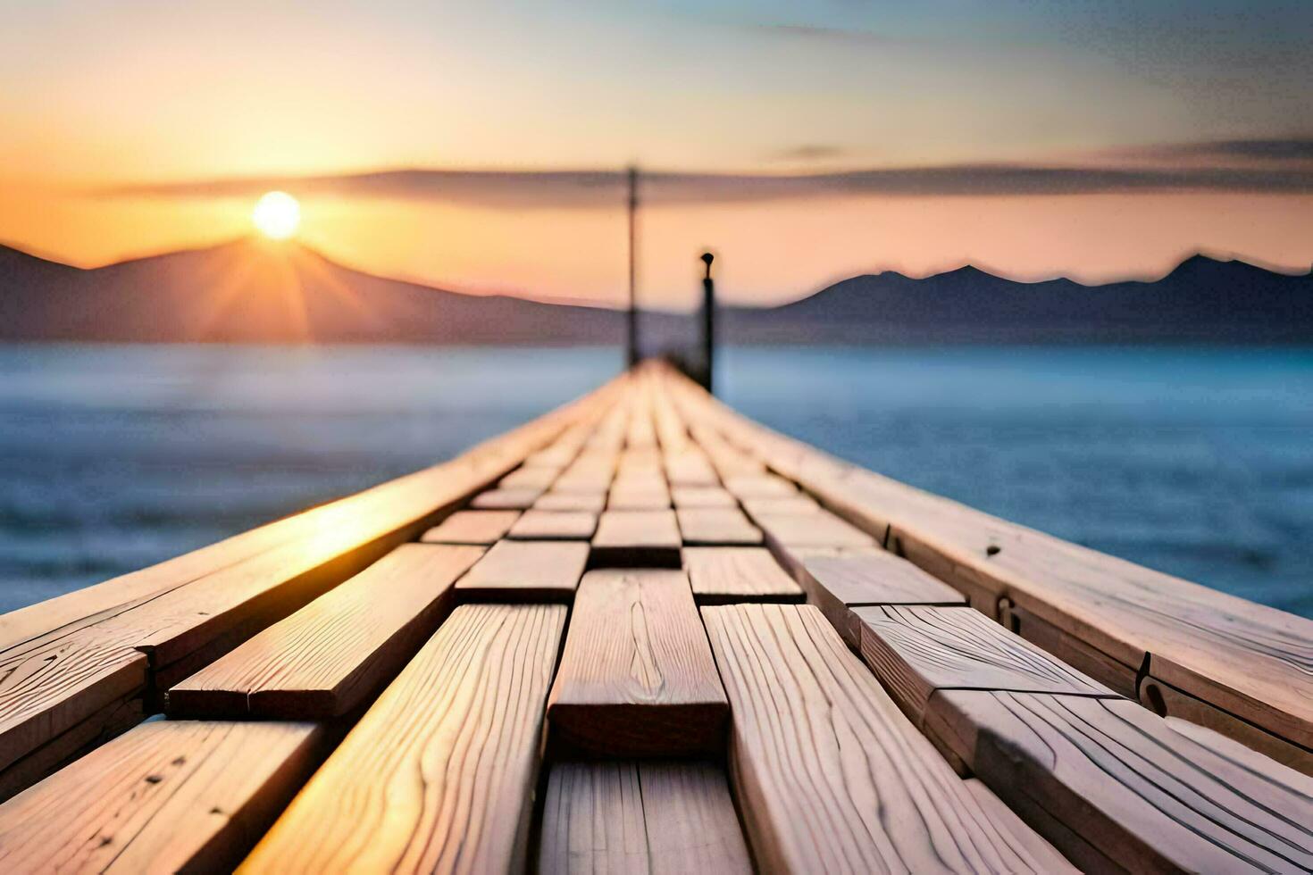 a wooden pier with the sun setting over the water. AI-Generated photo