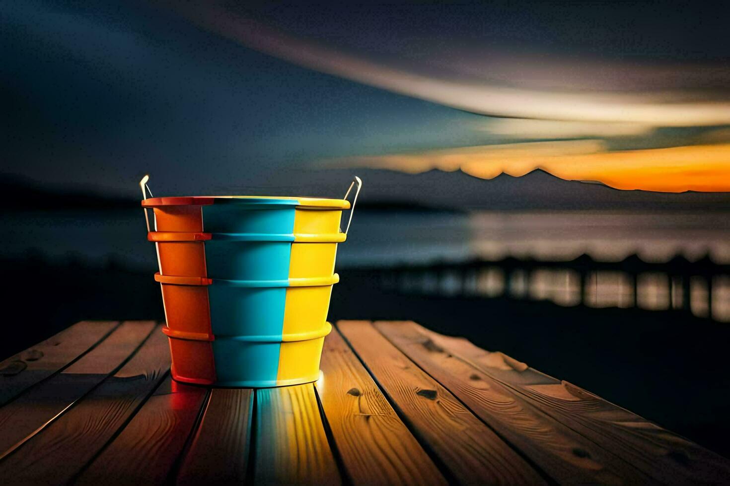 a bucket on a wooden table with a sunset in the background. AI-Generated photo