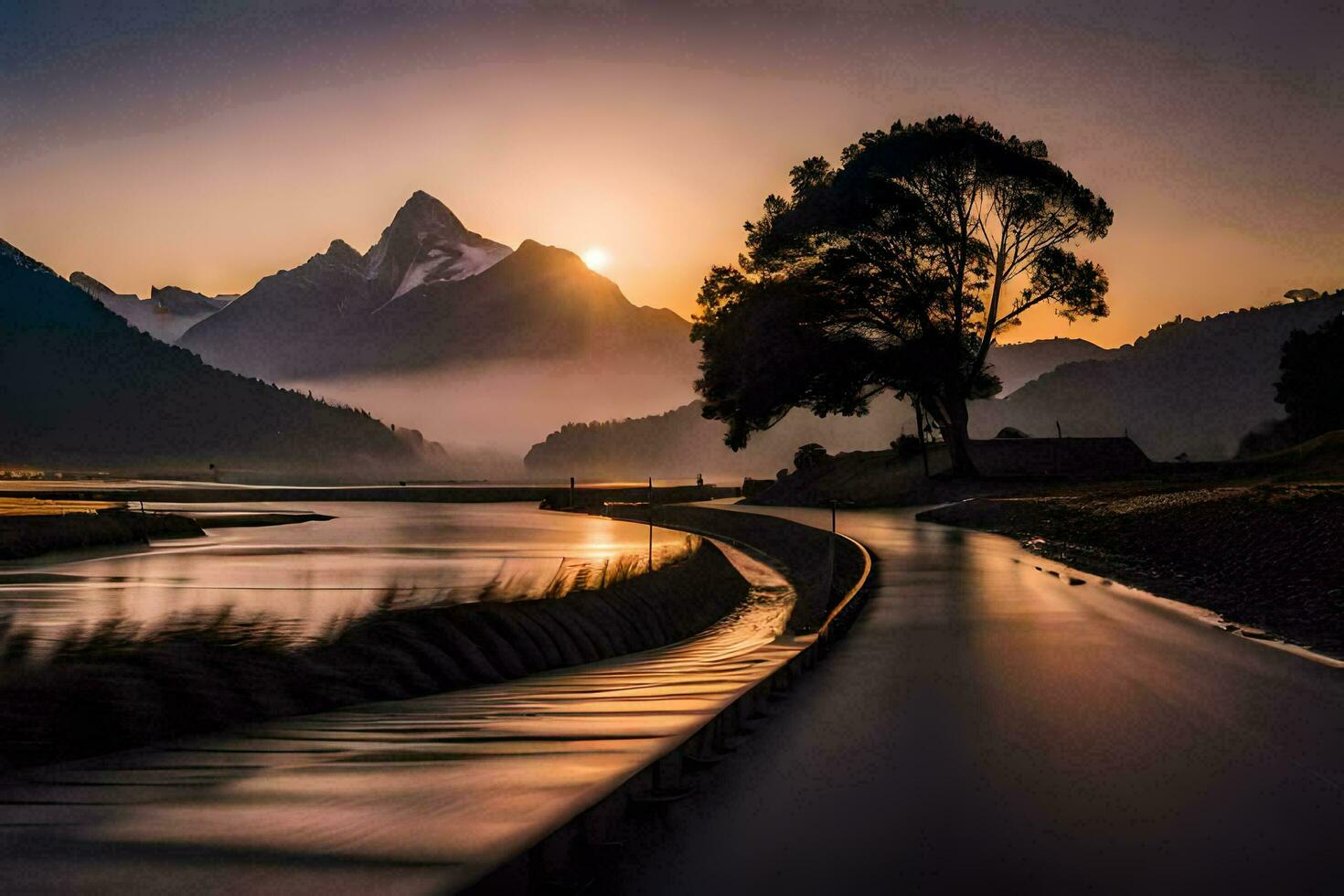 a road leading to a mountain range with the sun setting behind it. AI-Generated photo