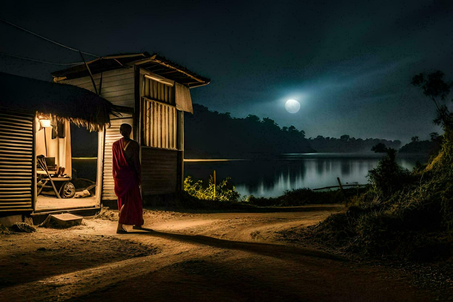 a monk stands outside a hut at night with a full moon in the background. AI-Generated photo