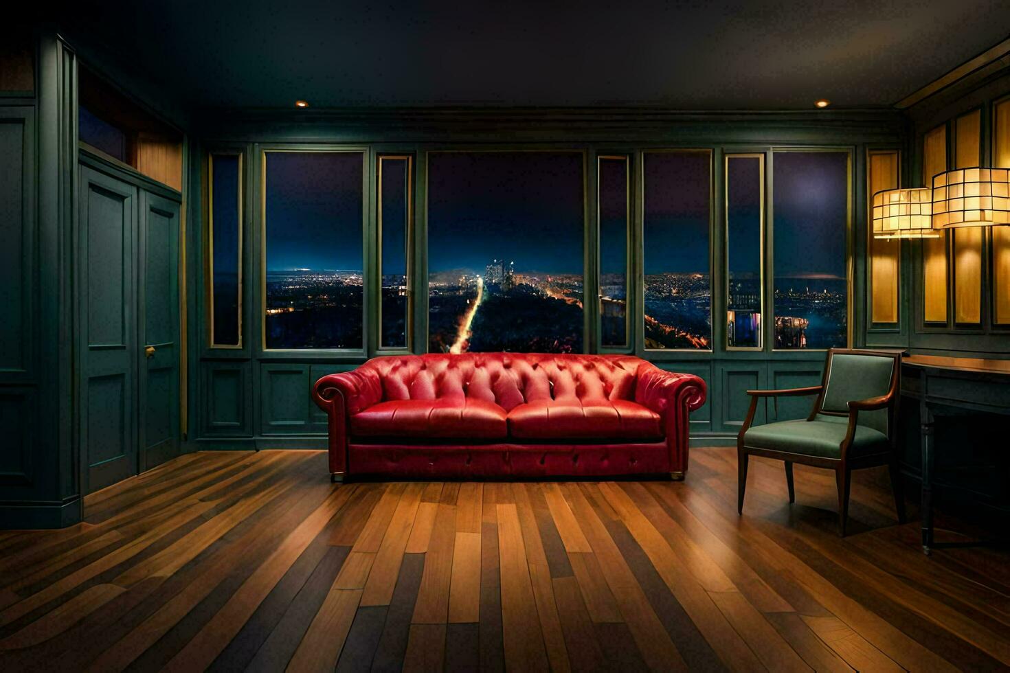 a red couch sits in the middle of a room with a view of the city. AI-Generated photo