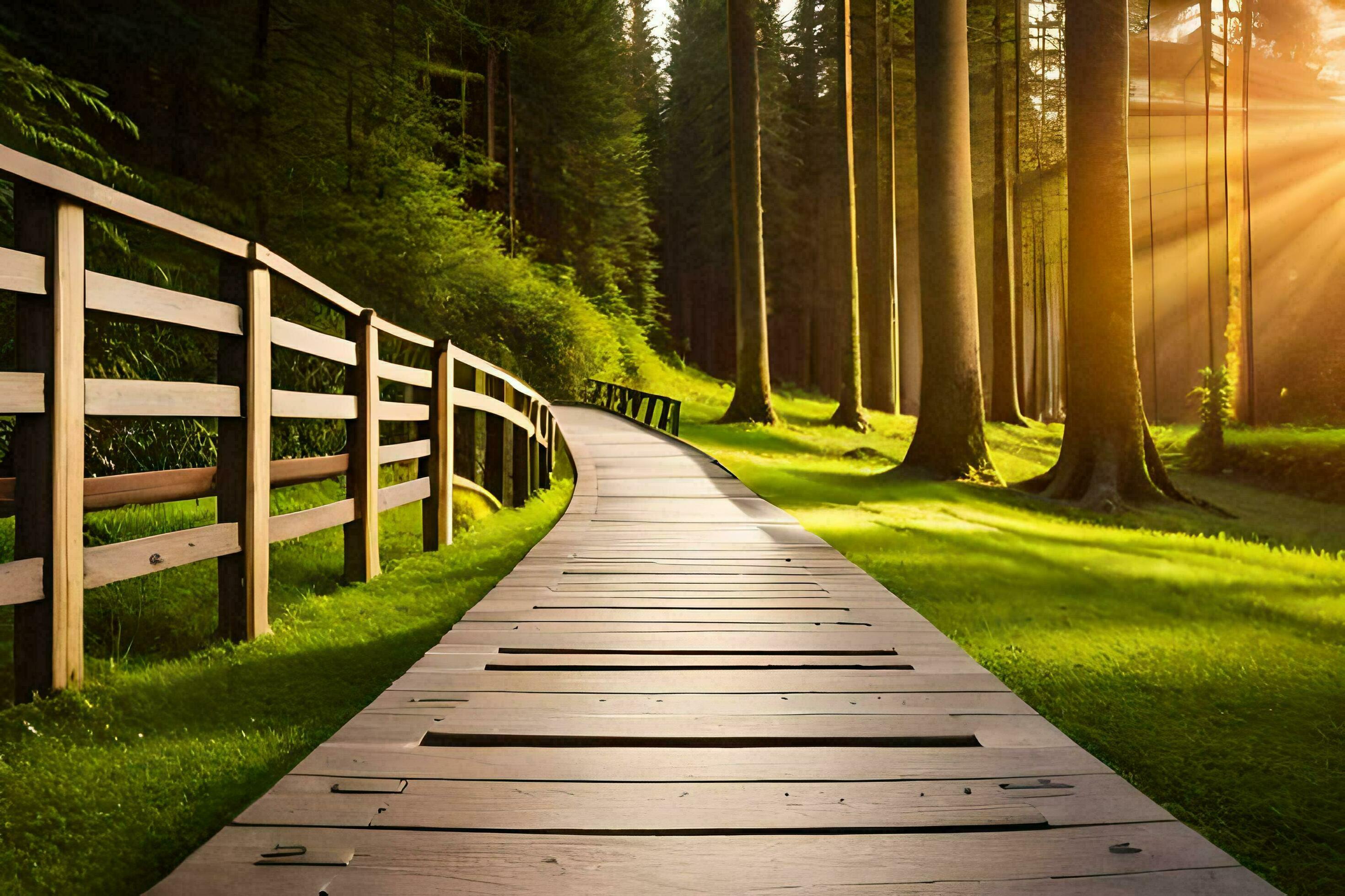 a wooden path leads to the sun in the forest. AIGenerated 34271585