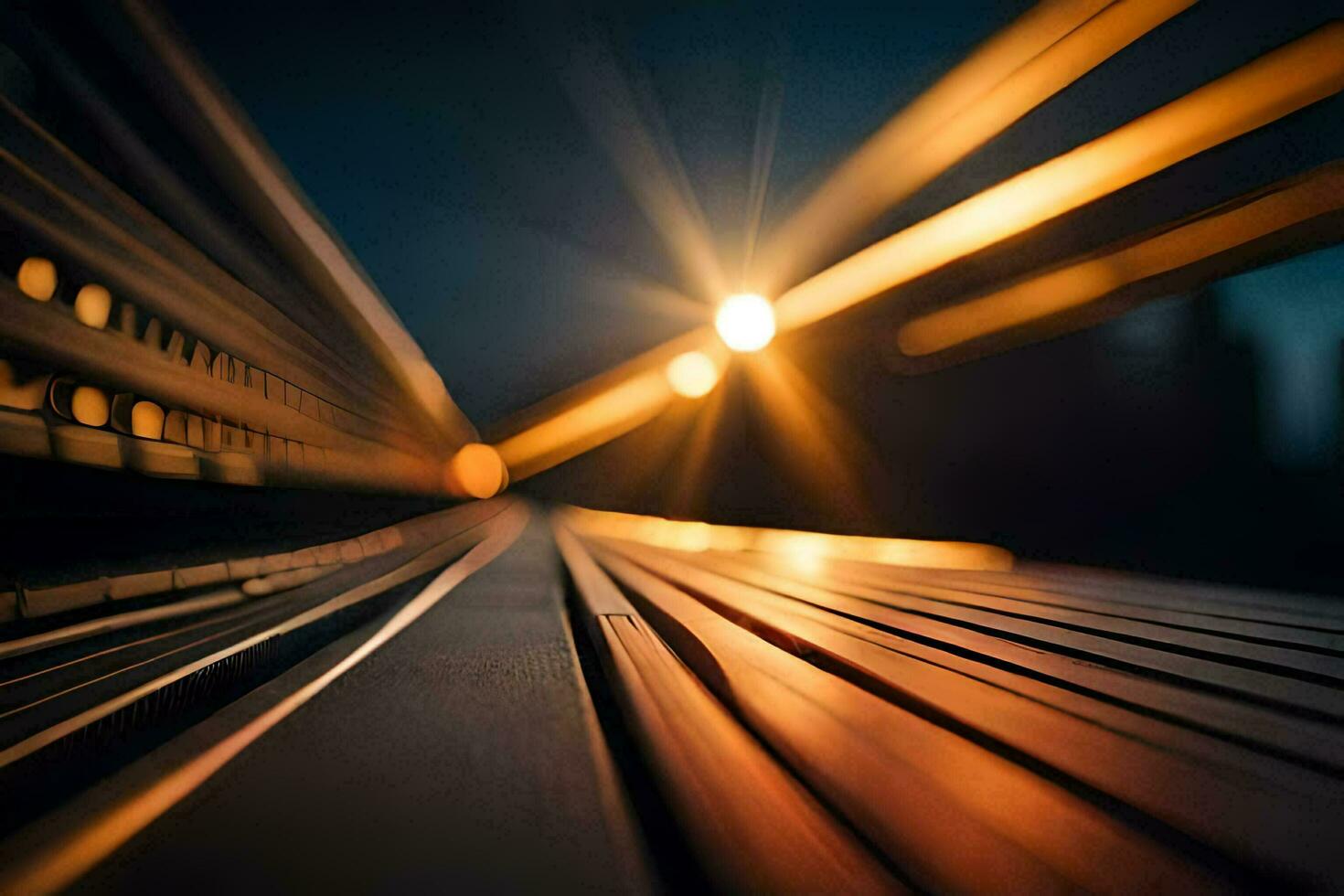 a blurry image of a train track at night. AI-Generated photo