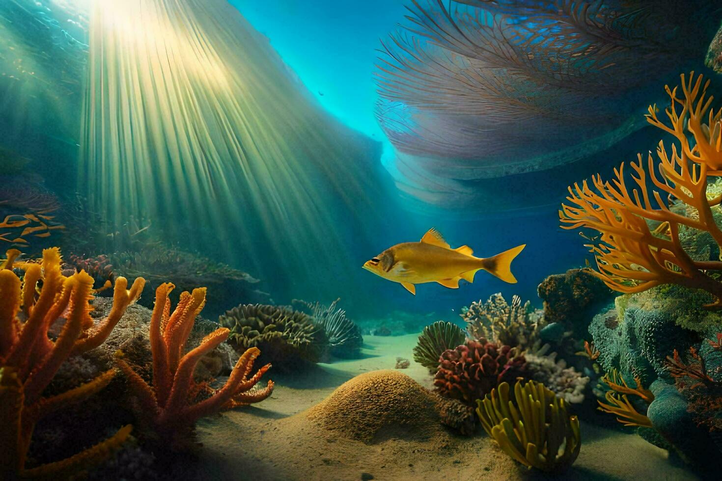a fish swims in the ocean with coral reefs and sunbeams. AI-Generated photo