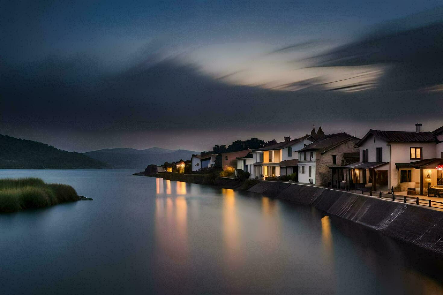 un largo exposición fotografía de casas en el apuntalar de un lago. generado por ai foto