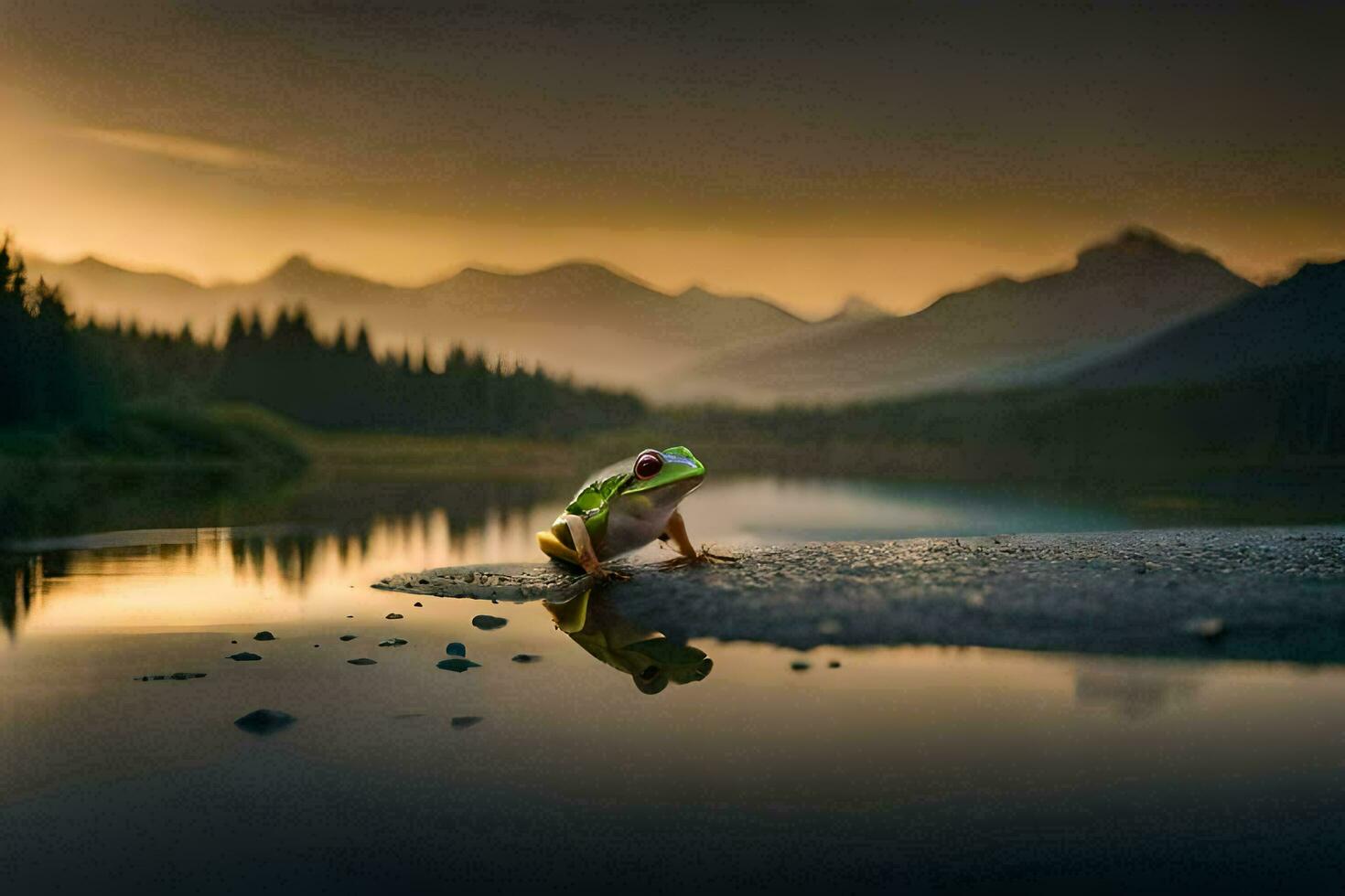 a frog sits on the edge of a lake at sunset. AI-Generated photo