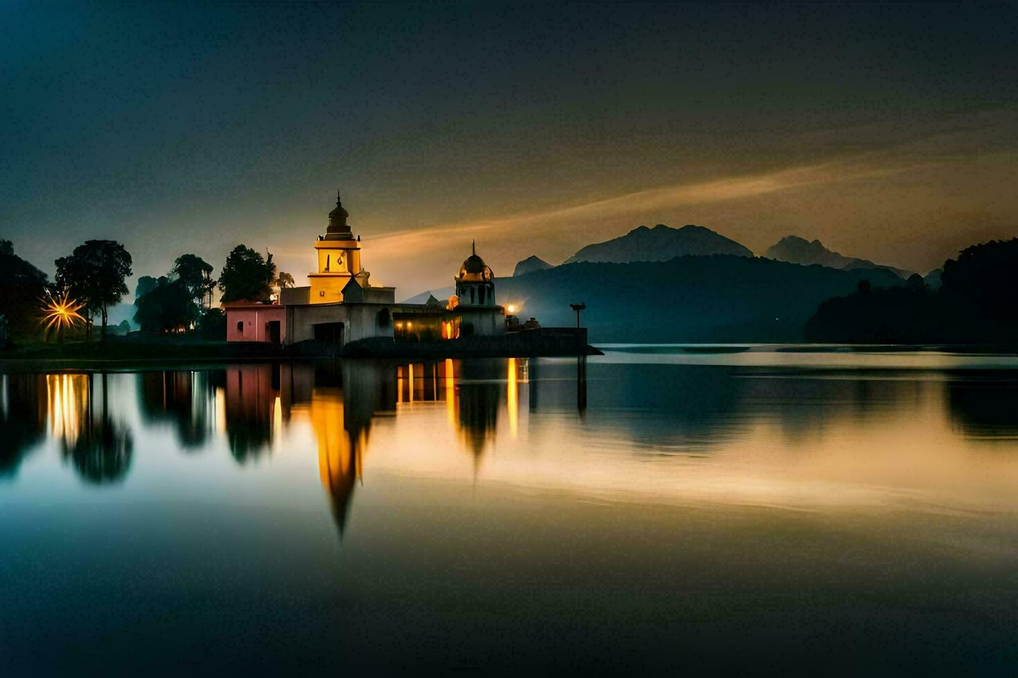 a church is reflected in the water at night. AI-Generated photo