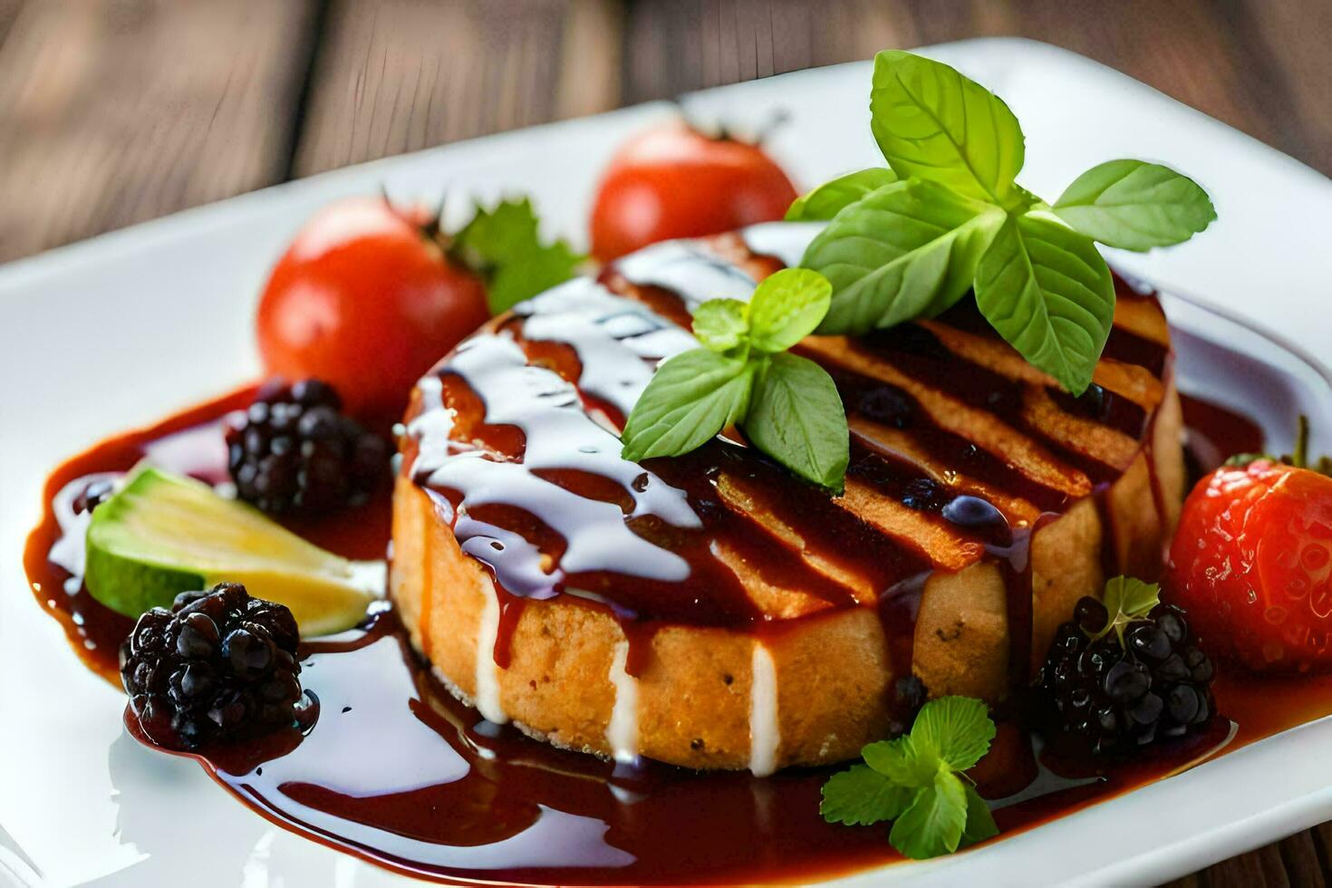 a dessert with sauce and berries on a white plate. AI-Generated photo