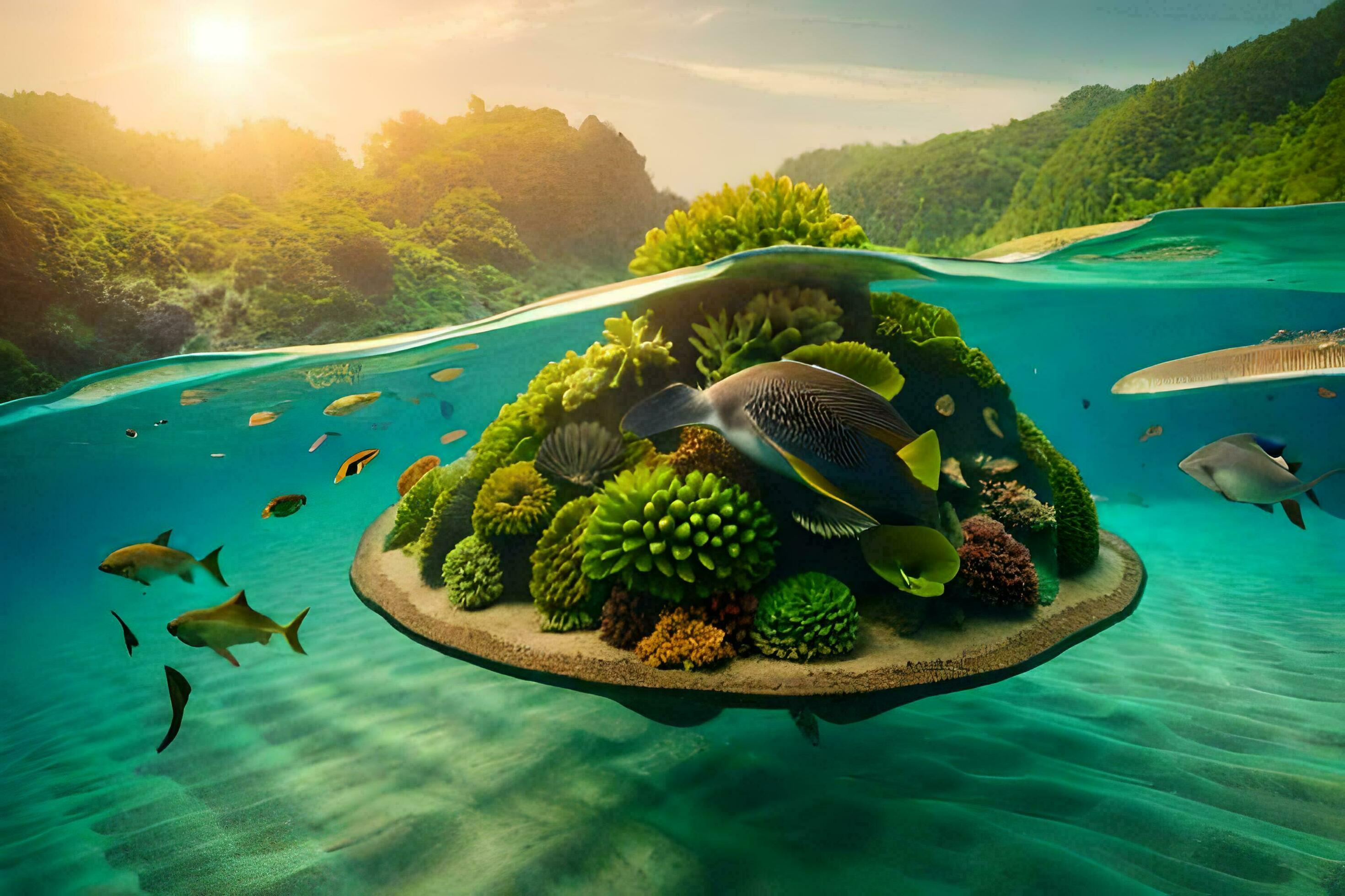 an underwater island with tropical plants and fish. AIGenerated