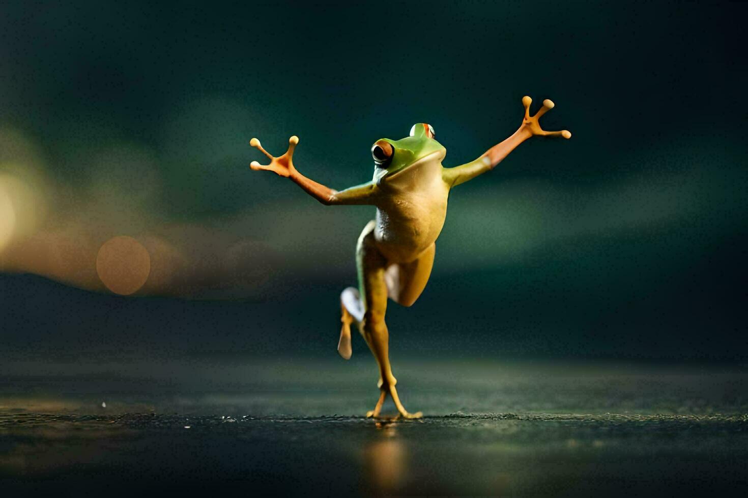 a frog is jumping on the ground. AI-Generated photo