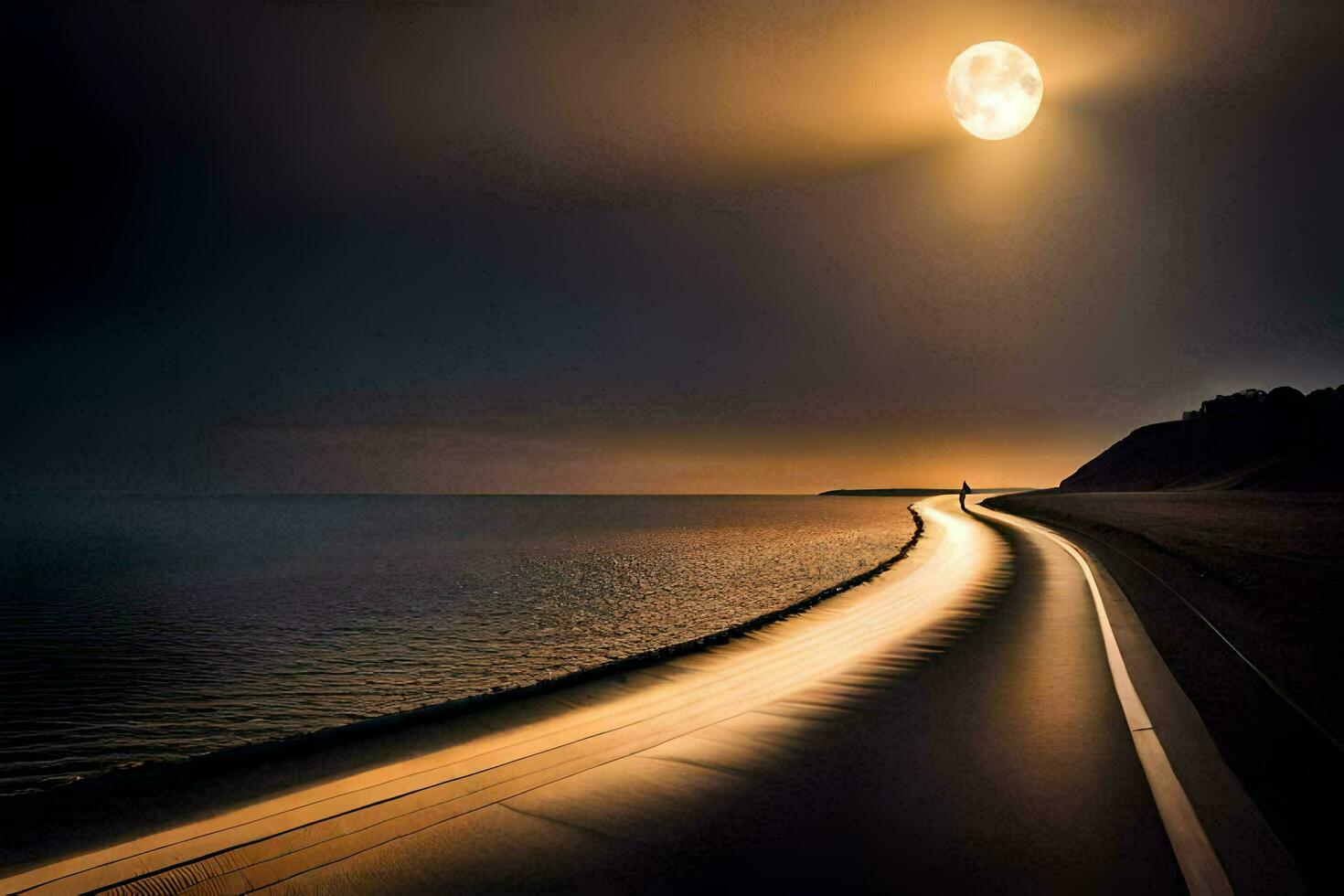 a long road leading to the ocean at night. AI-Generated photo