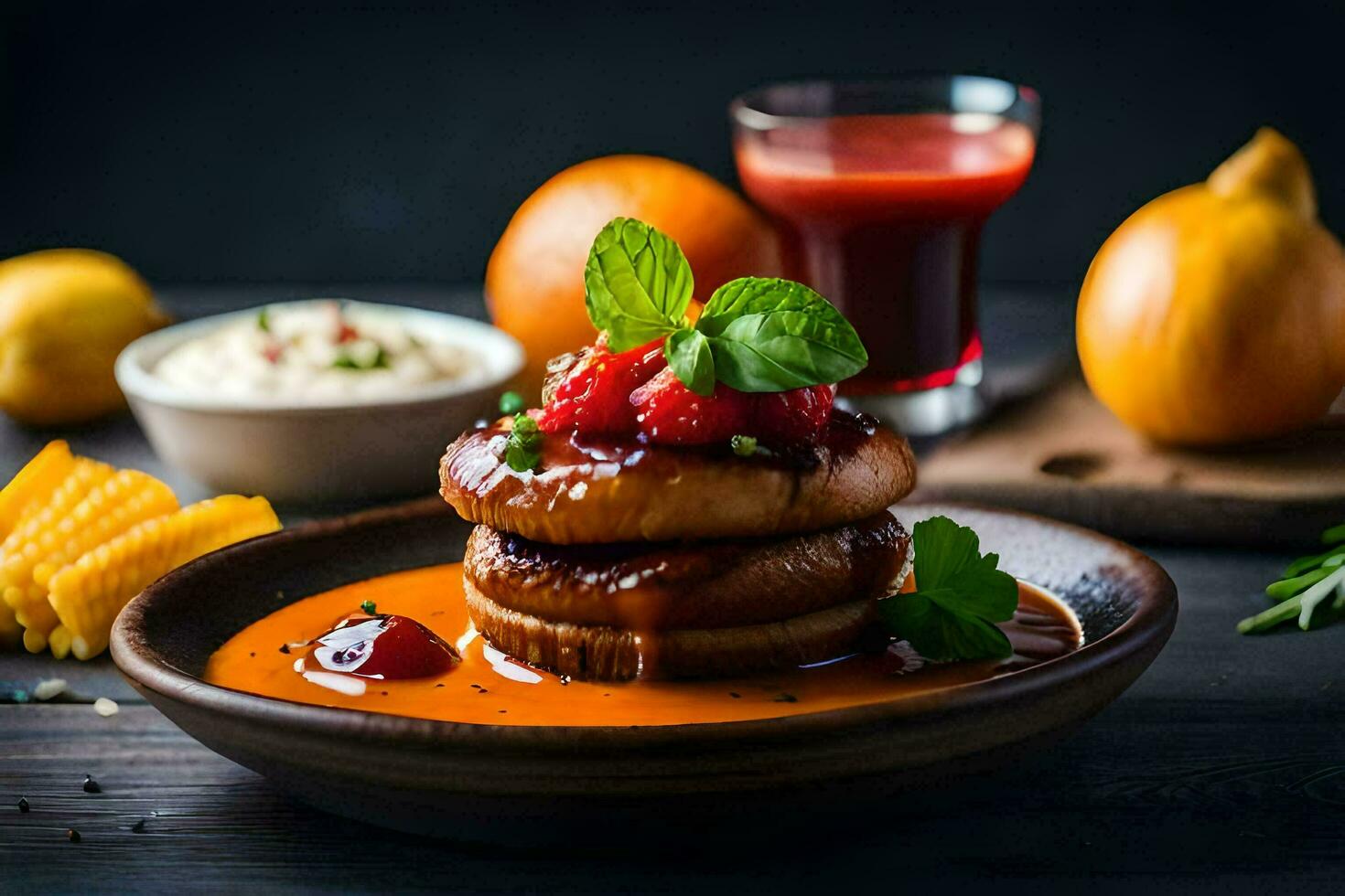 a plate of food with a stack of pancakes and sauce. AI-Generated photo