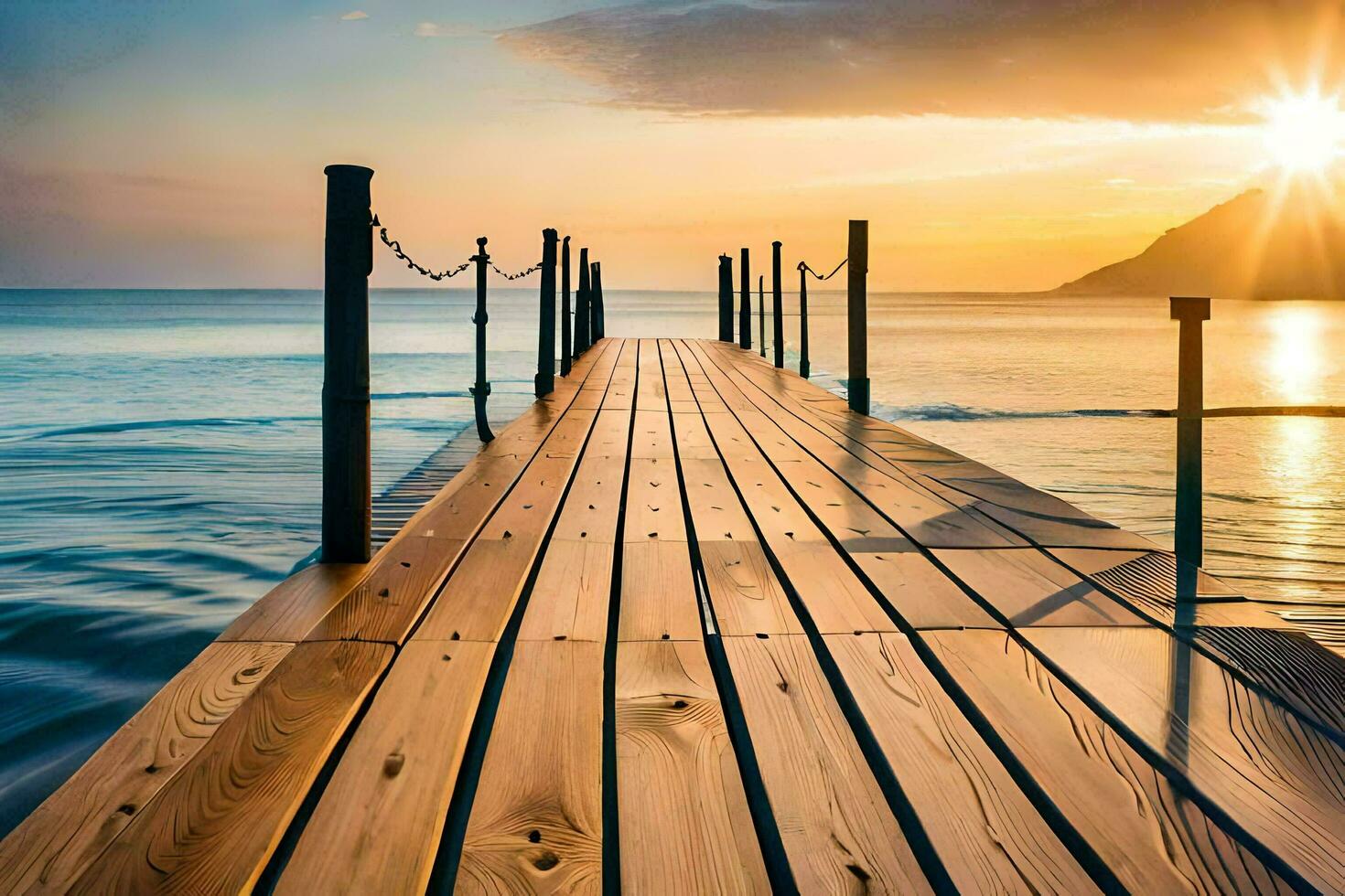 a wooden pier stretching into the ocean at sunset. AI-Generated photo