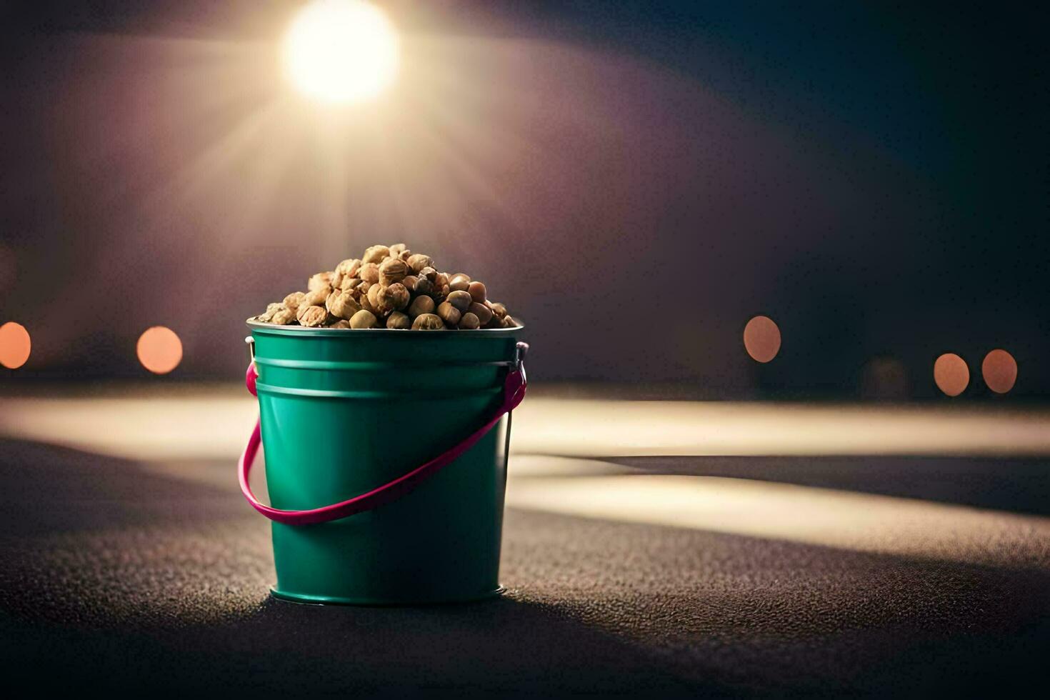 a bucket of peanuts on a road. AI-Generated photo