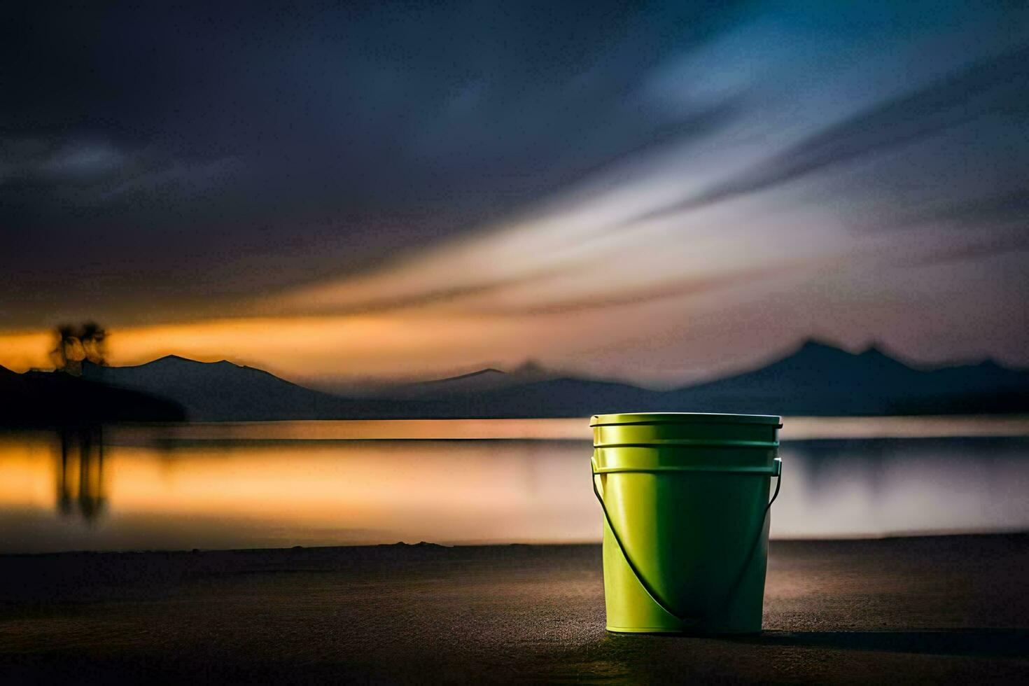 a green bucket sits on the beach at sunset. AI-Generated photo