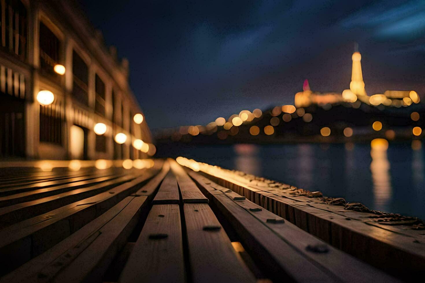 a wooden bench overlooking the water at night. AI-Generated photo