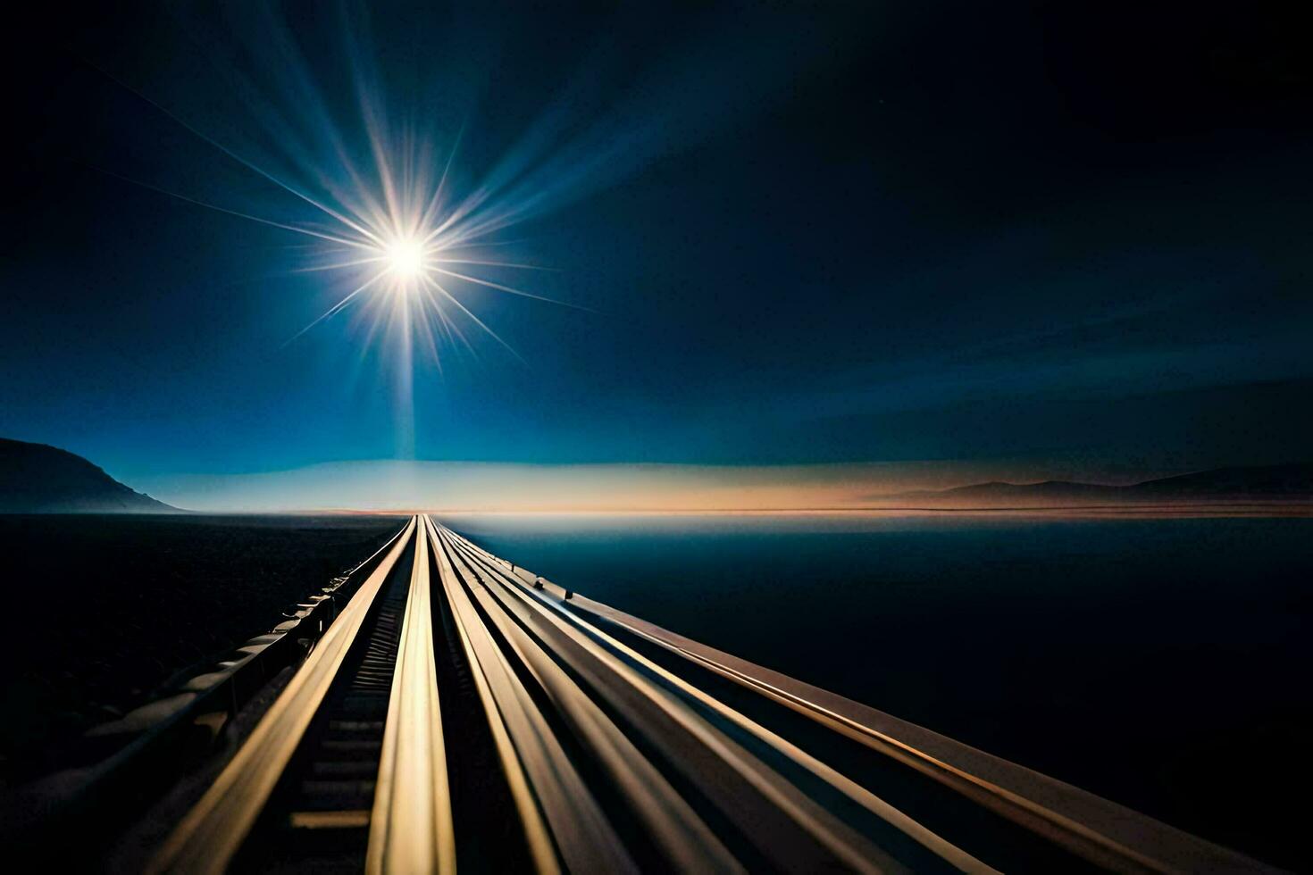 a train track with the sun shining over it. AI-Generated photo