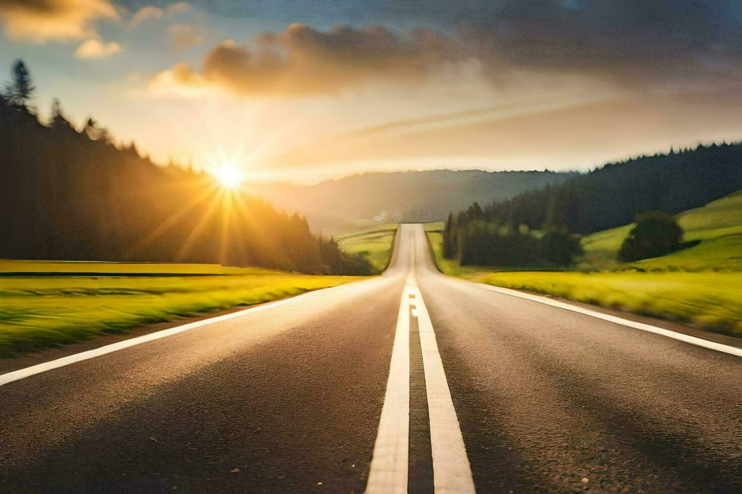 a long empty road with the sun shining in the background. AI-Generated photo