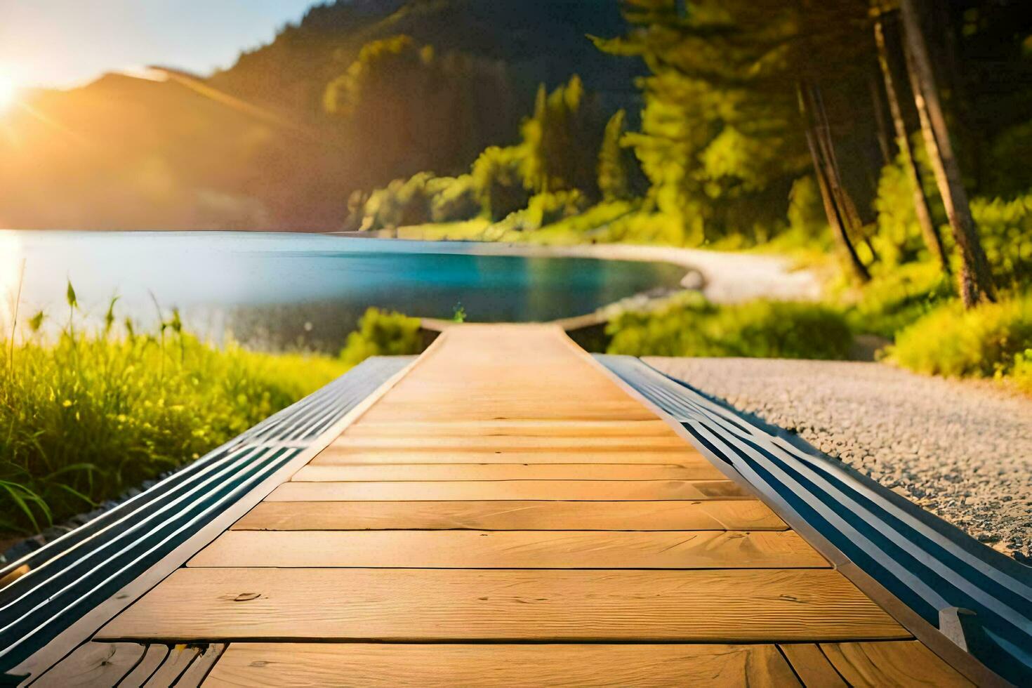 wooden walkway leading to a lake at sunset. AI-Generated photo