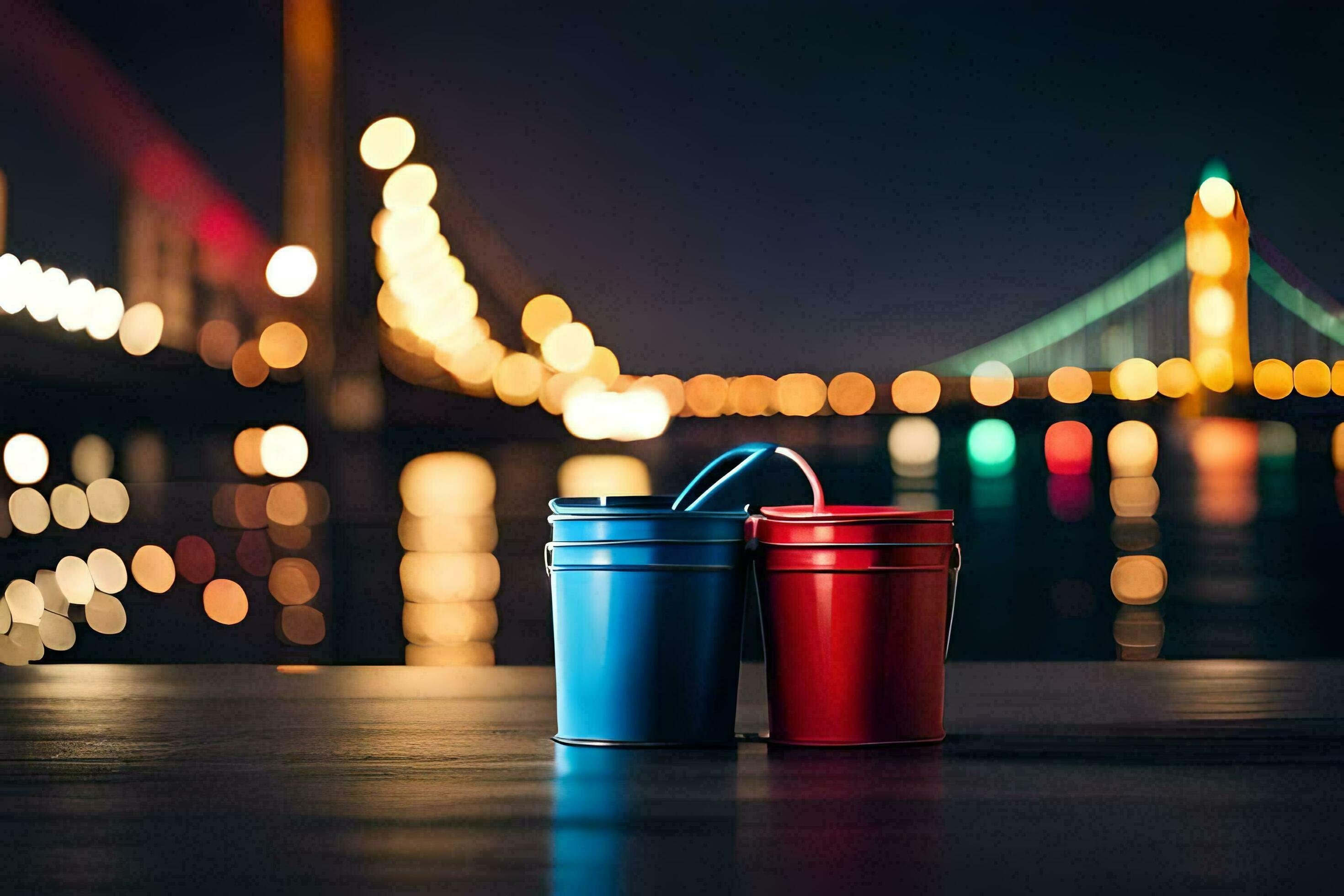 two red and blue buckets sitting on a table in front of a bridge. AI