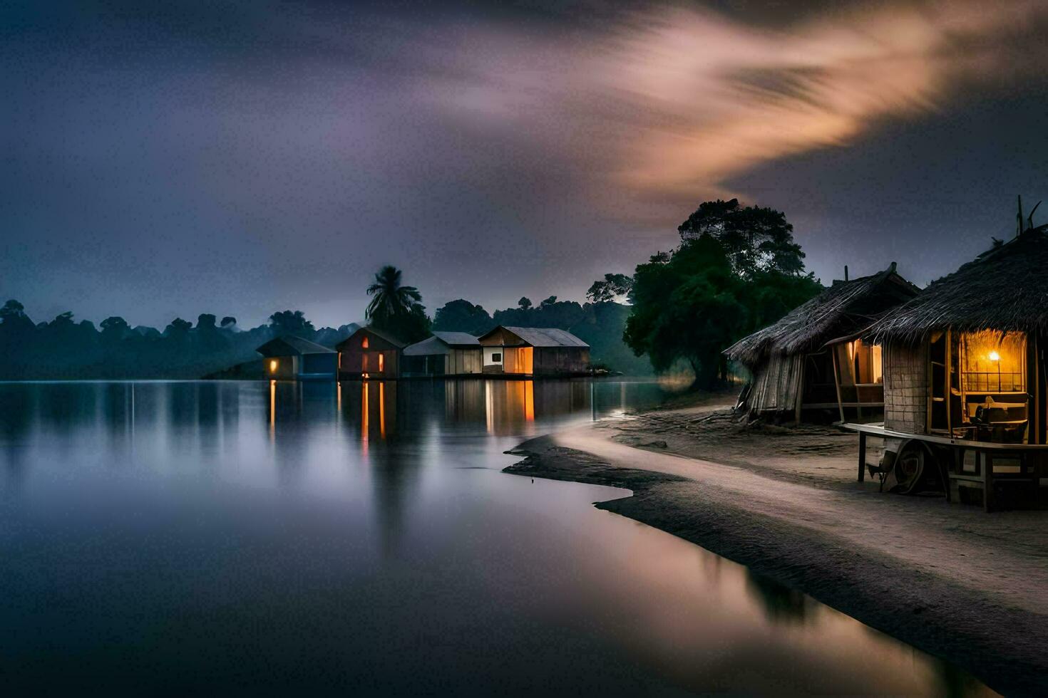 photo wallpaper the sky, water, the night, the lake, the house, the hut,. AI-Generated