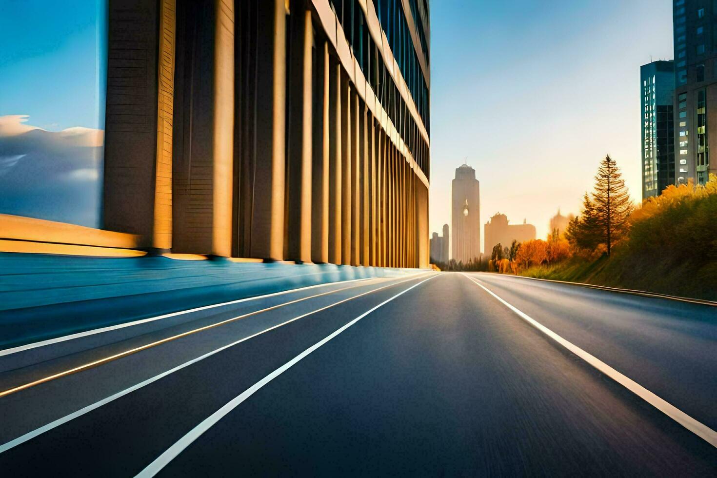 un ciudad calle con un coche conducción en él. generado por ai foto