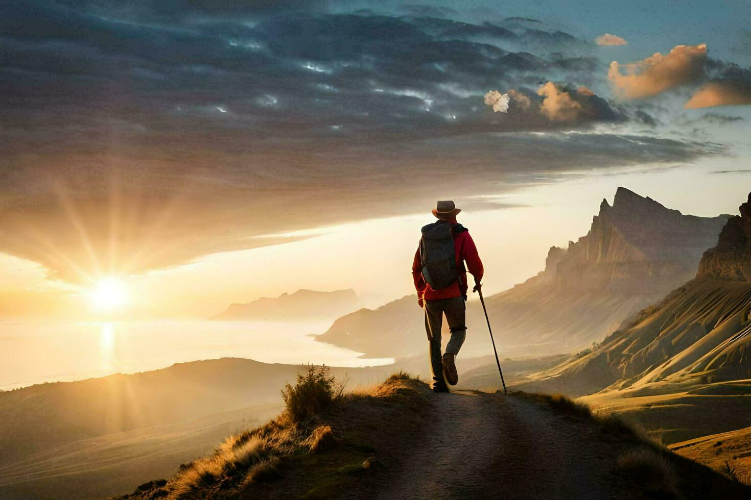 a man with a backpack and hiking poles walks up a mountain at sunset. AI-Generated photo