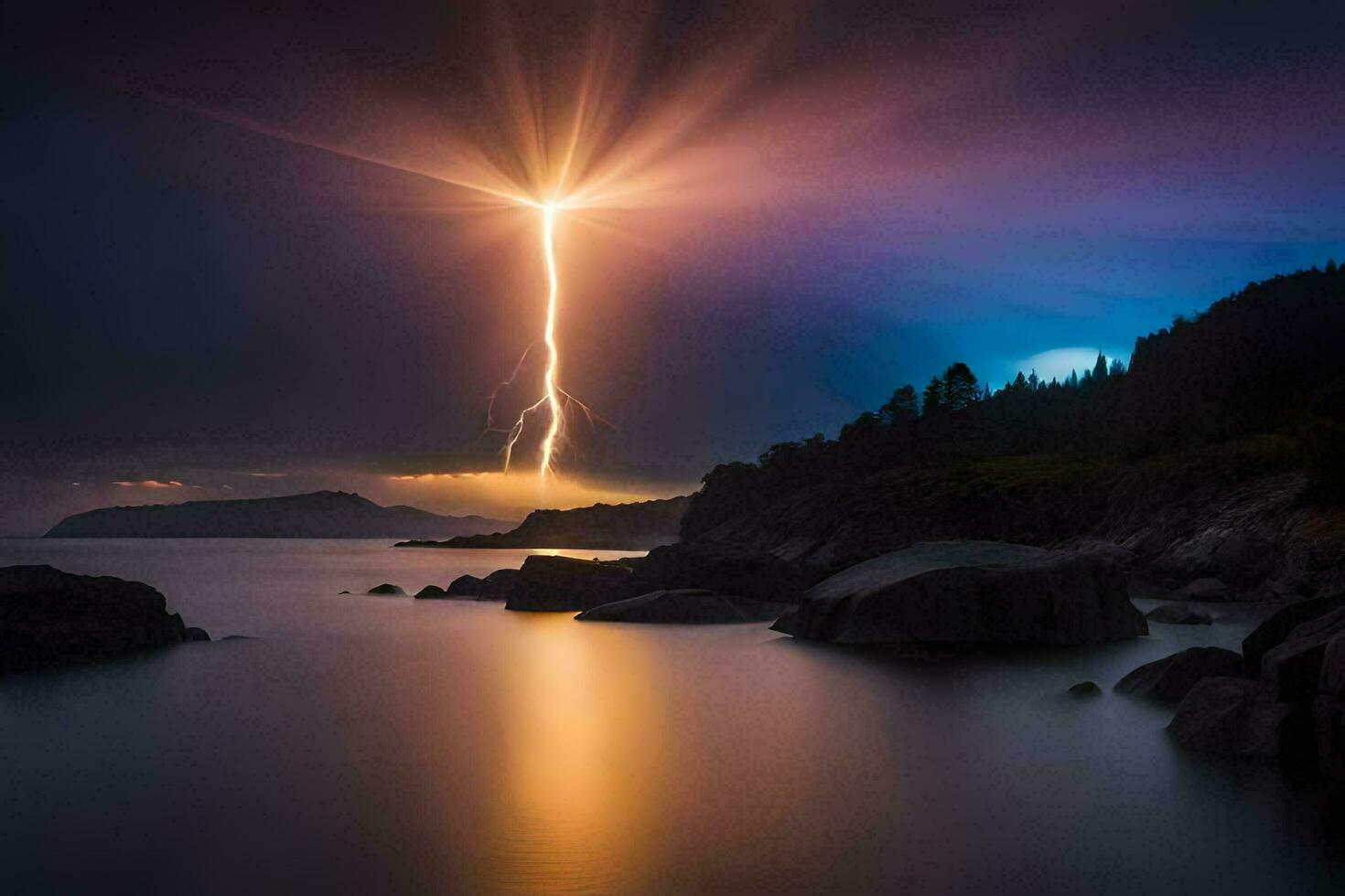 lightning bolt over the ocean with rocks and trees. AI-Generated photo