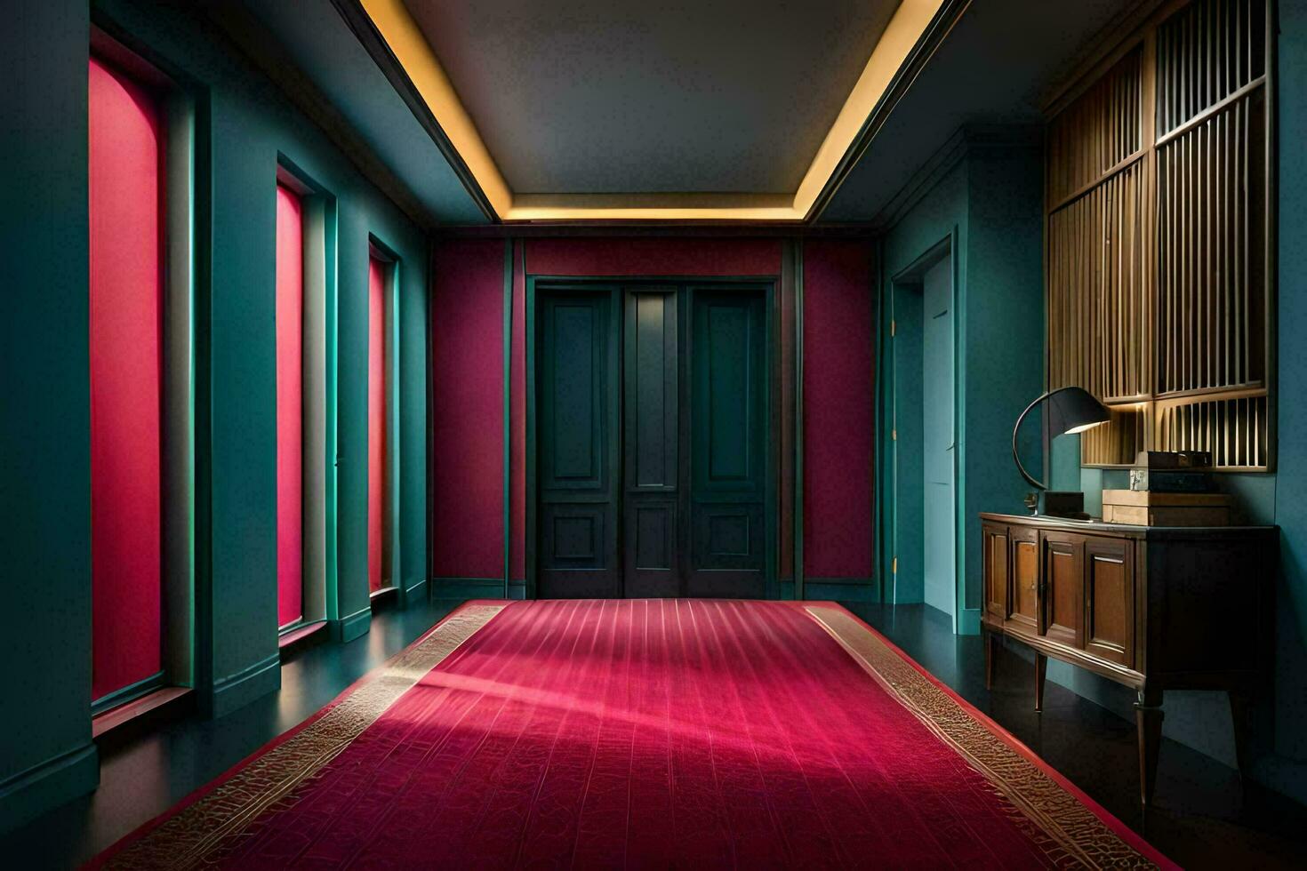 a hallway with red carpet and blue walls. AI-Generated photo