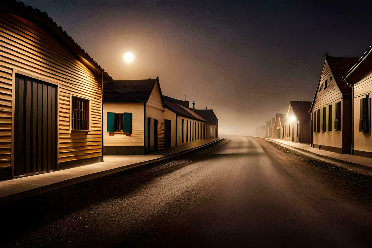 a street in the fog with houses and a full moon. AI-Generated photo