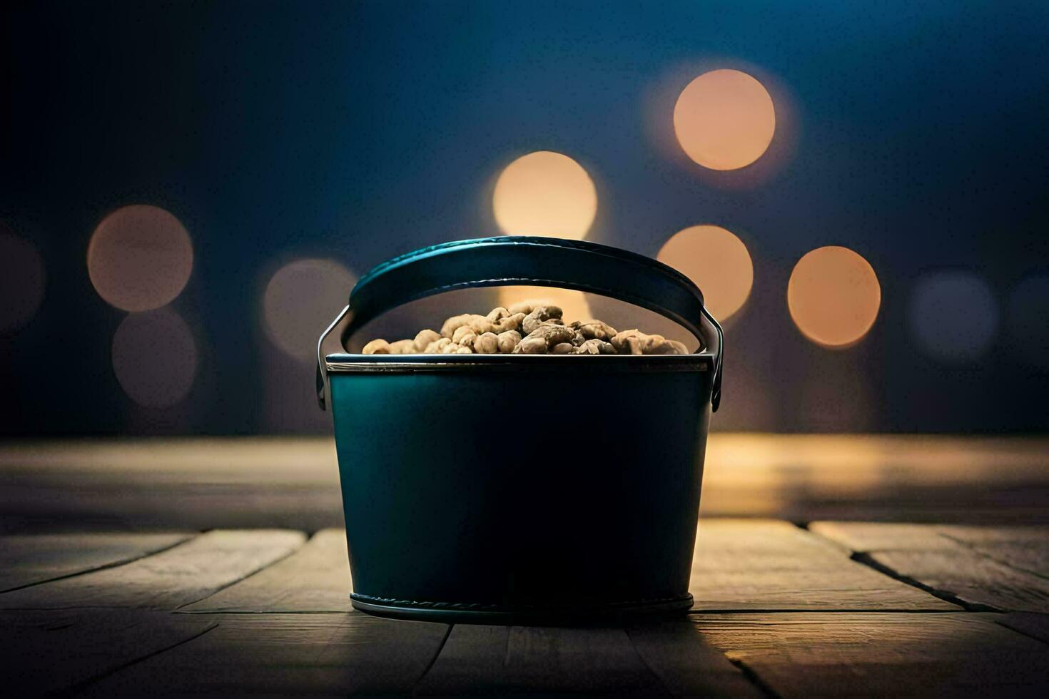 a bucket of peanuts on a wooden table. AI-Generated photo