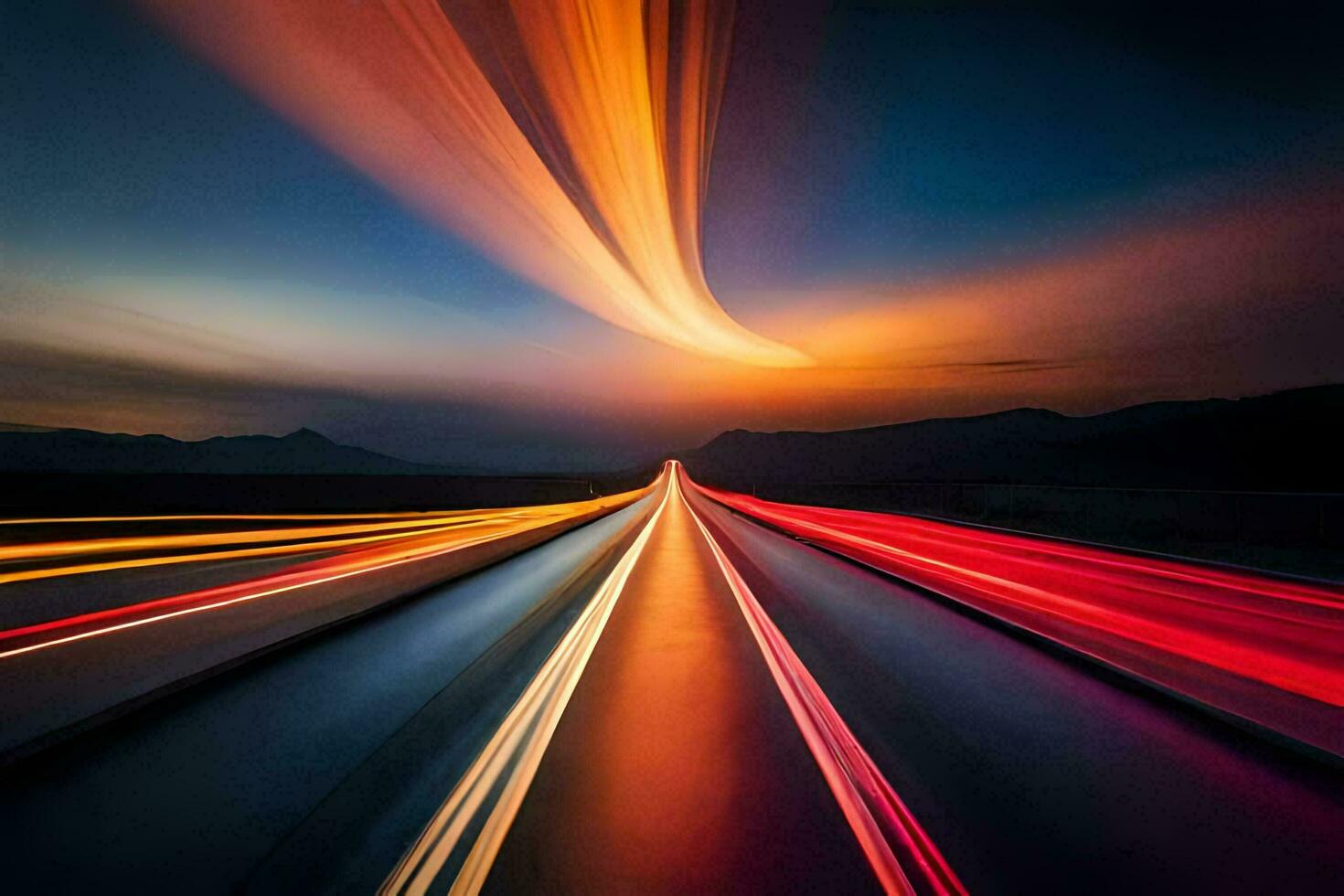 un largo exposición fotografía de un autopista a puesta de sol. generado por ai foto