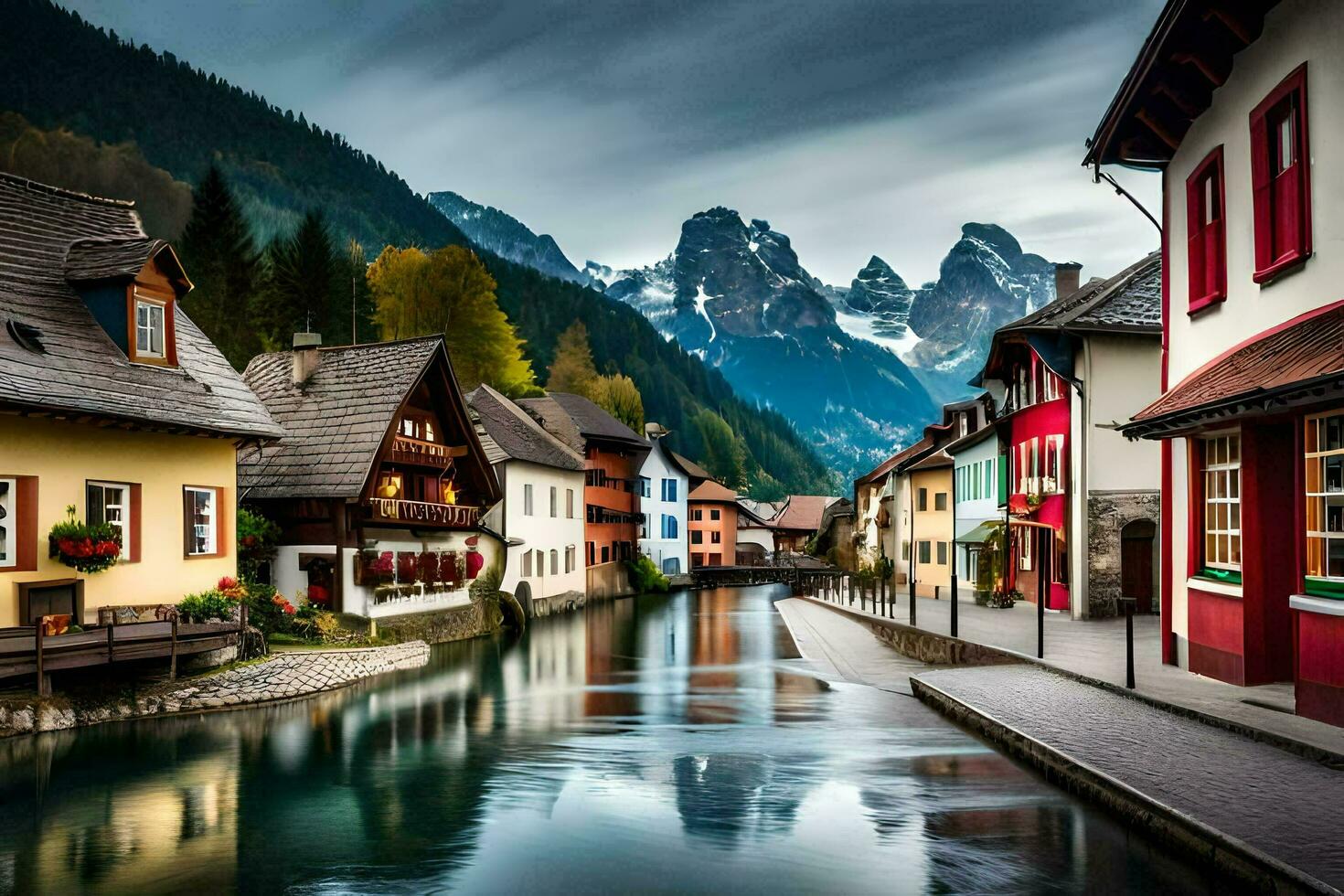 a river runs through a town in the mountains. AI-Generated photo