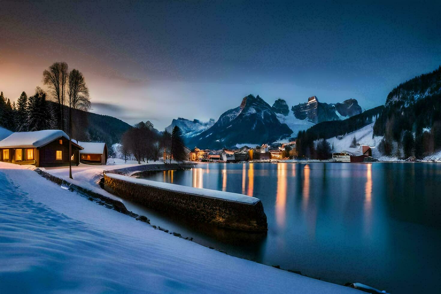 a lake and mountain at night with snow. AI-Generated photo