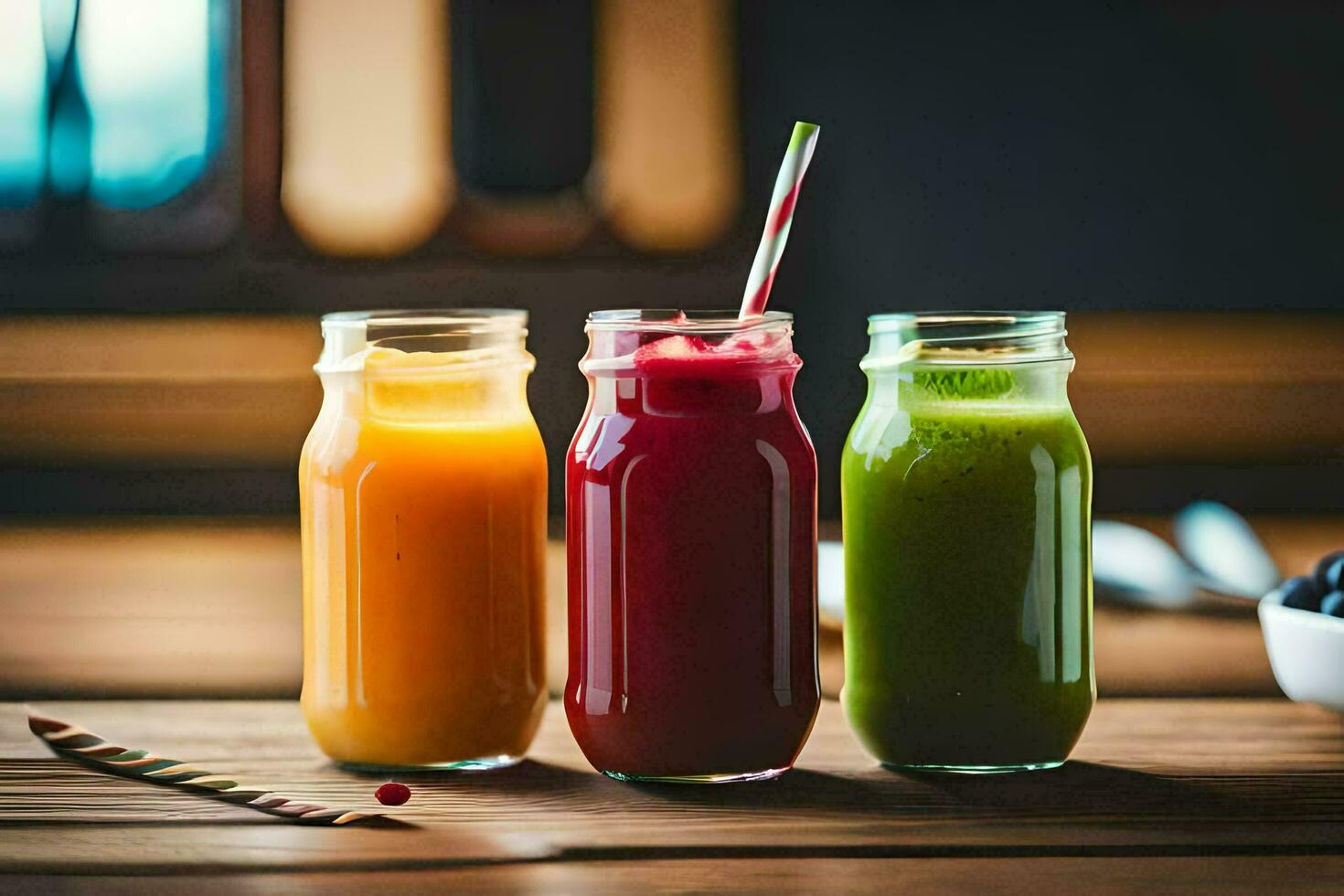 three different types of juice in glass bottles. AIGenerated 34272672