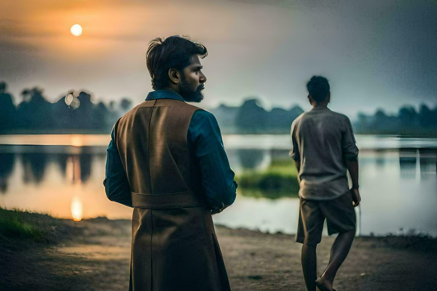 two men standing by the water at sunset. AI-Generated photo