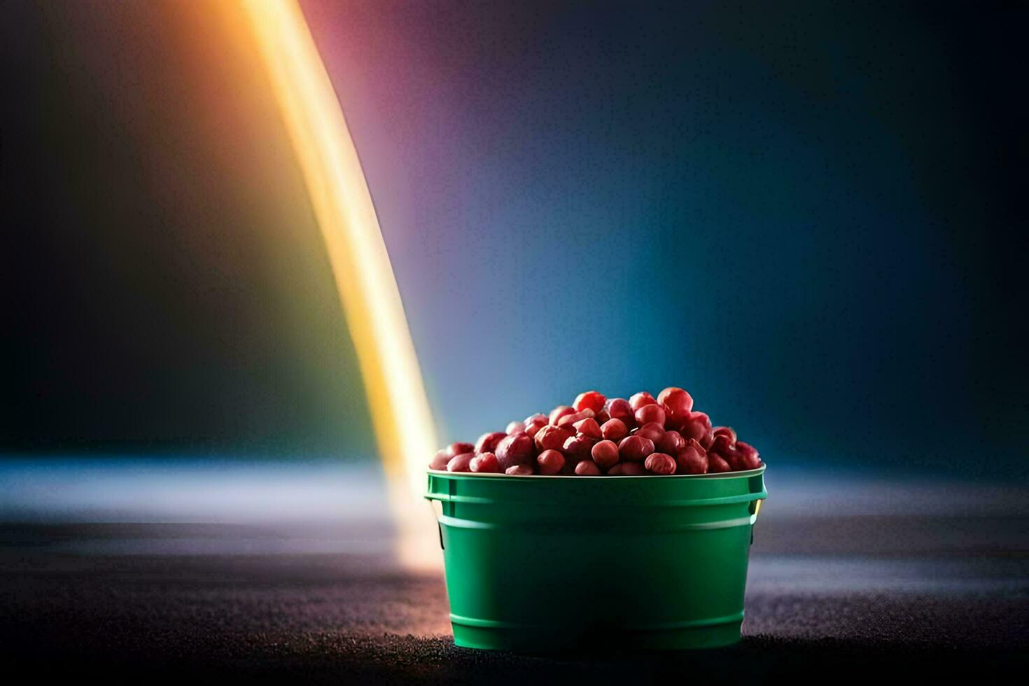 a bucket full of cherries on a dark background. AI-Generated photo