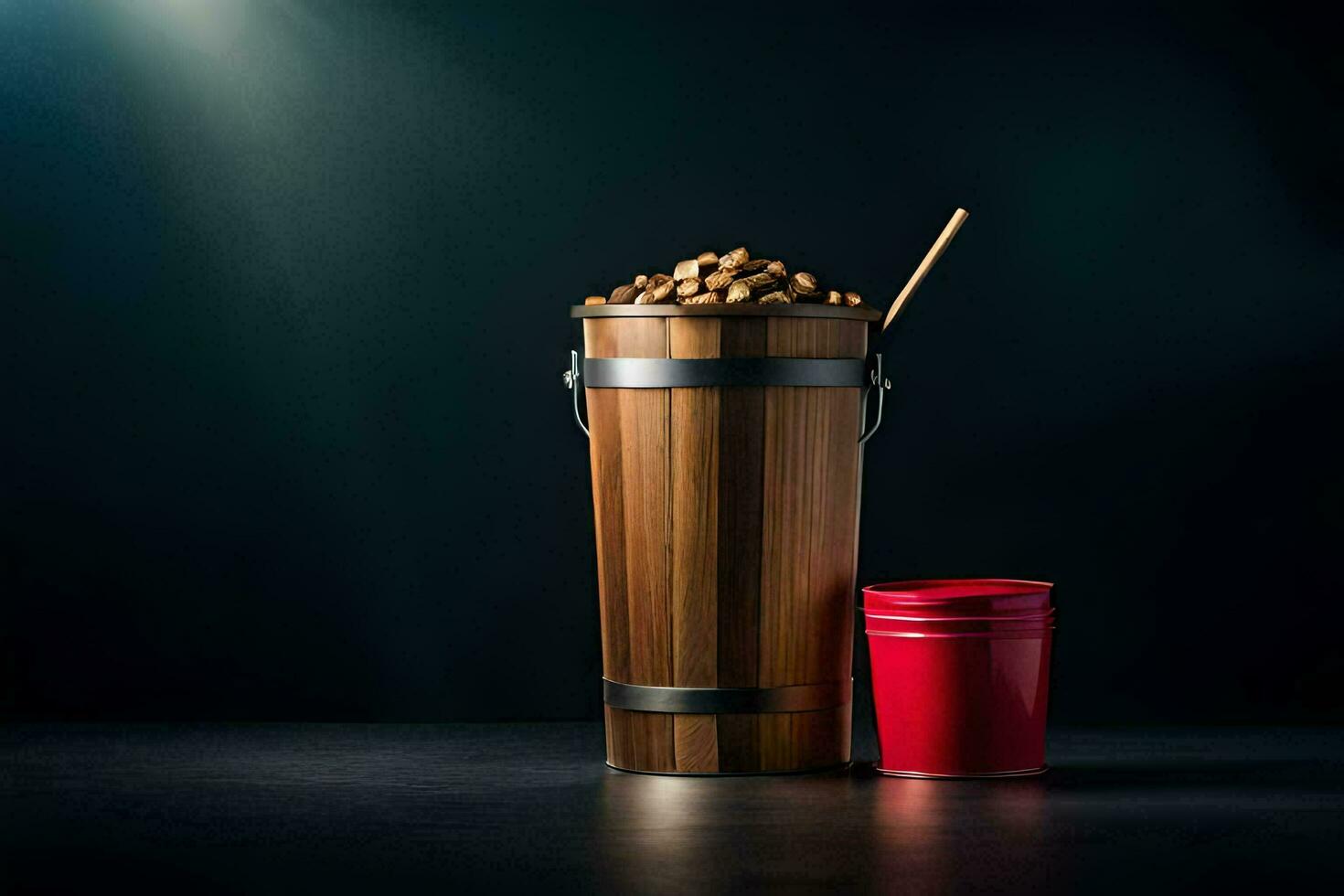 un Cubeta de nueces y un rojo taza en un oscuro mesa. generado por ai foto