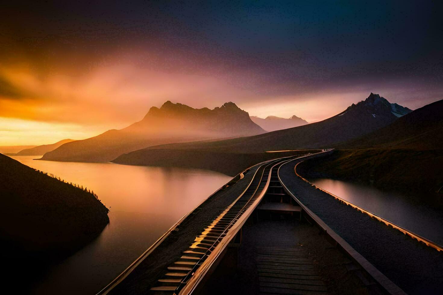 a train tracks leading to a lake and mountains. AI-Generated photo