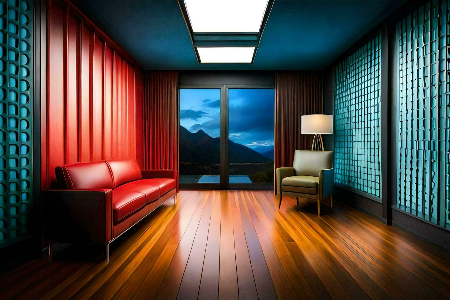 un habitación con rojo y azul paredes y un sofá. generado por ai foto