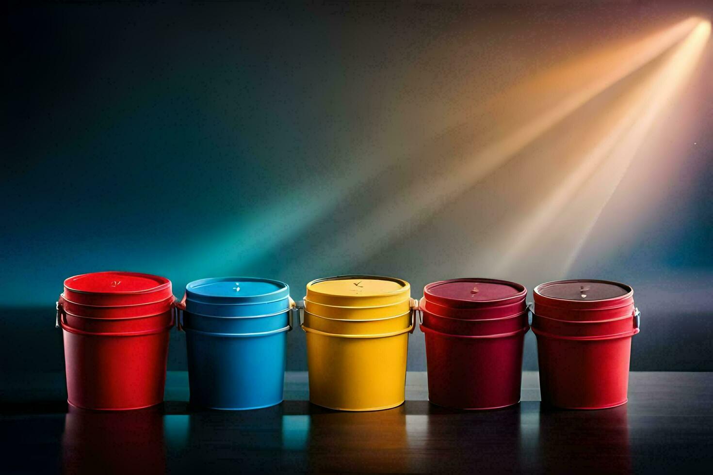 five colorful buckets on a table with a spotlight. AI-Generated photo